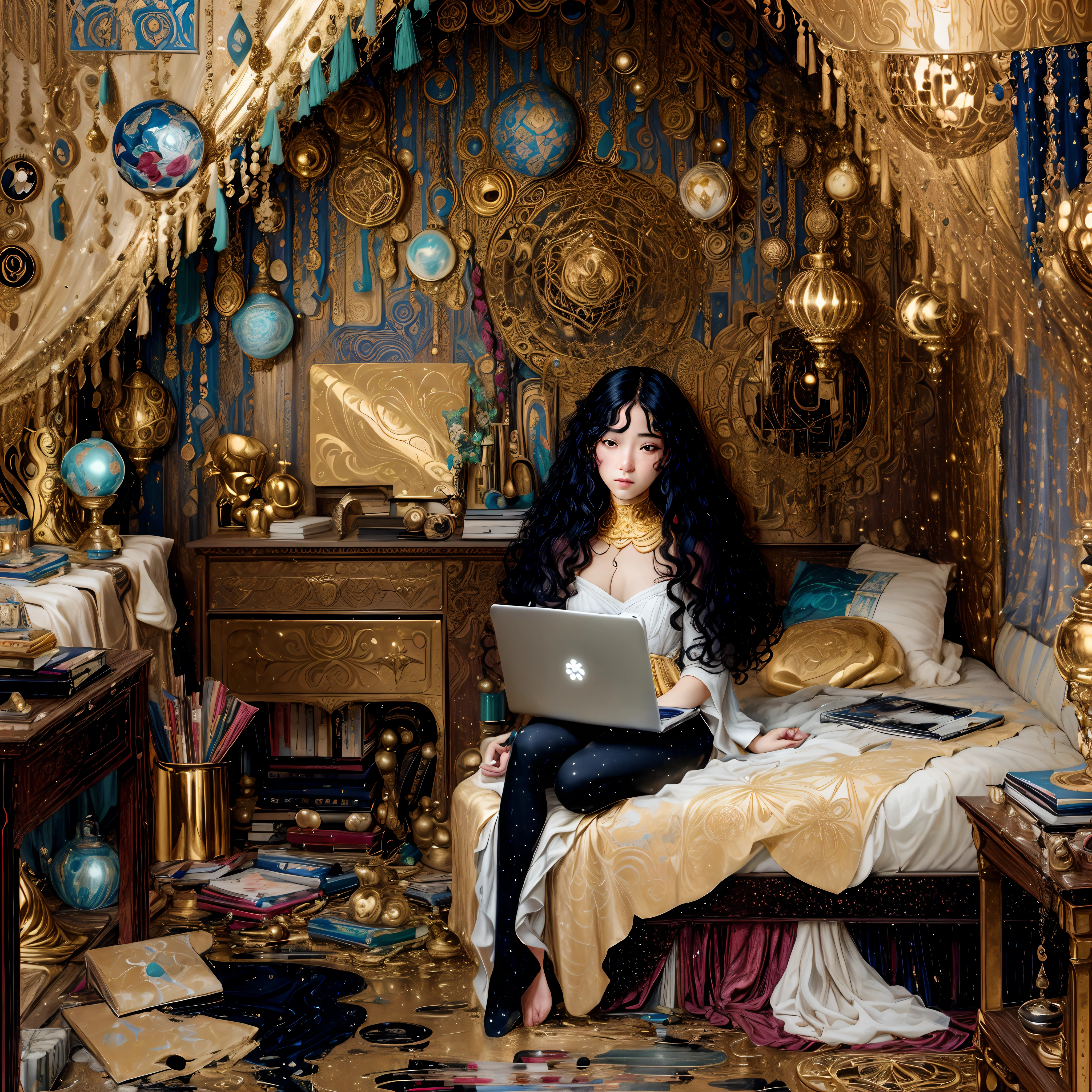 painting of a woman sitting on a bed with a laptop, in an attic, surrounded by glittering gold, ornamental sam guay, in her room, inspired by Mikhail Nesterov, ( asaf hanuka ), in small room, gustav klimt style, botticelli and victo ngai, inspired by Hovsep Pushman, denis sarazhin, in my bedroom