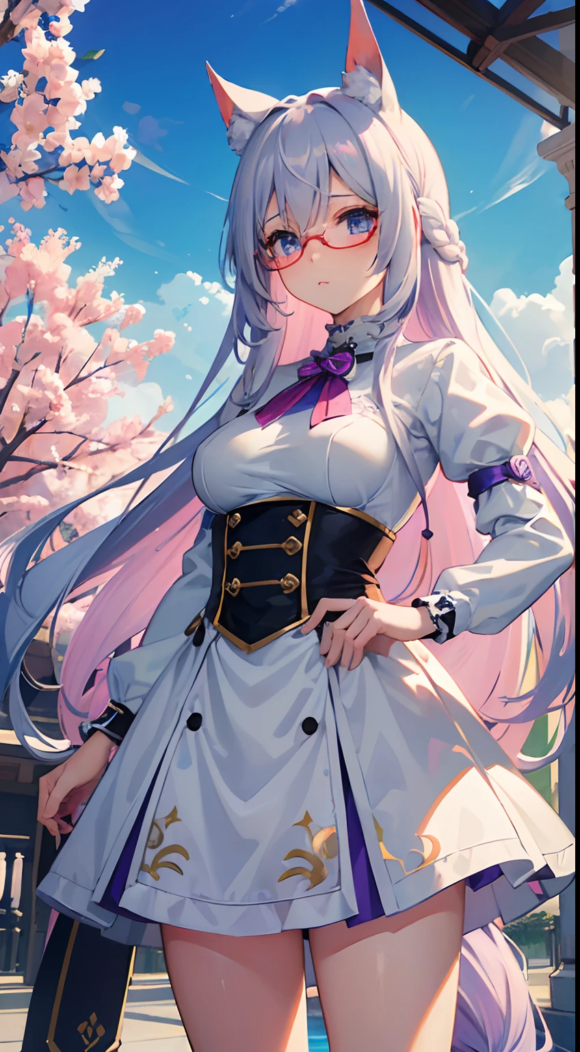 ((Best Quality)), (Ultra-detailed), ((Extremely detailed)), (Beautiful), ((Kawaii Girl))、Hair is white、Long haire、Quirk hair、Blue eyes、Girl with horse ears and tail、tall、Breasts are big、Purple and white running wear、Lavender colored black running shoes、Red under-rim glasses、One Girl、Standing、animesque、Uma Musume