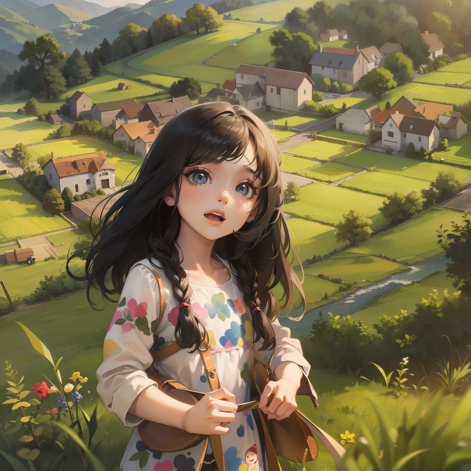 menina de 3 anos, cabelo longo e liso e preto, olhos brilhantes, utilizando roupa camponesa, in nature with a view of a village, poses and facial expressions, children's illustration style, simples, fofa, cores.