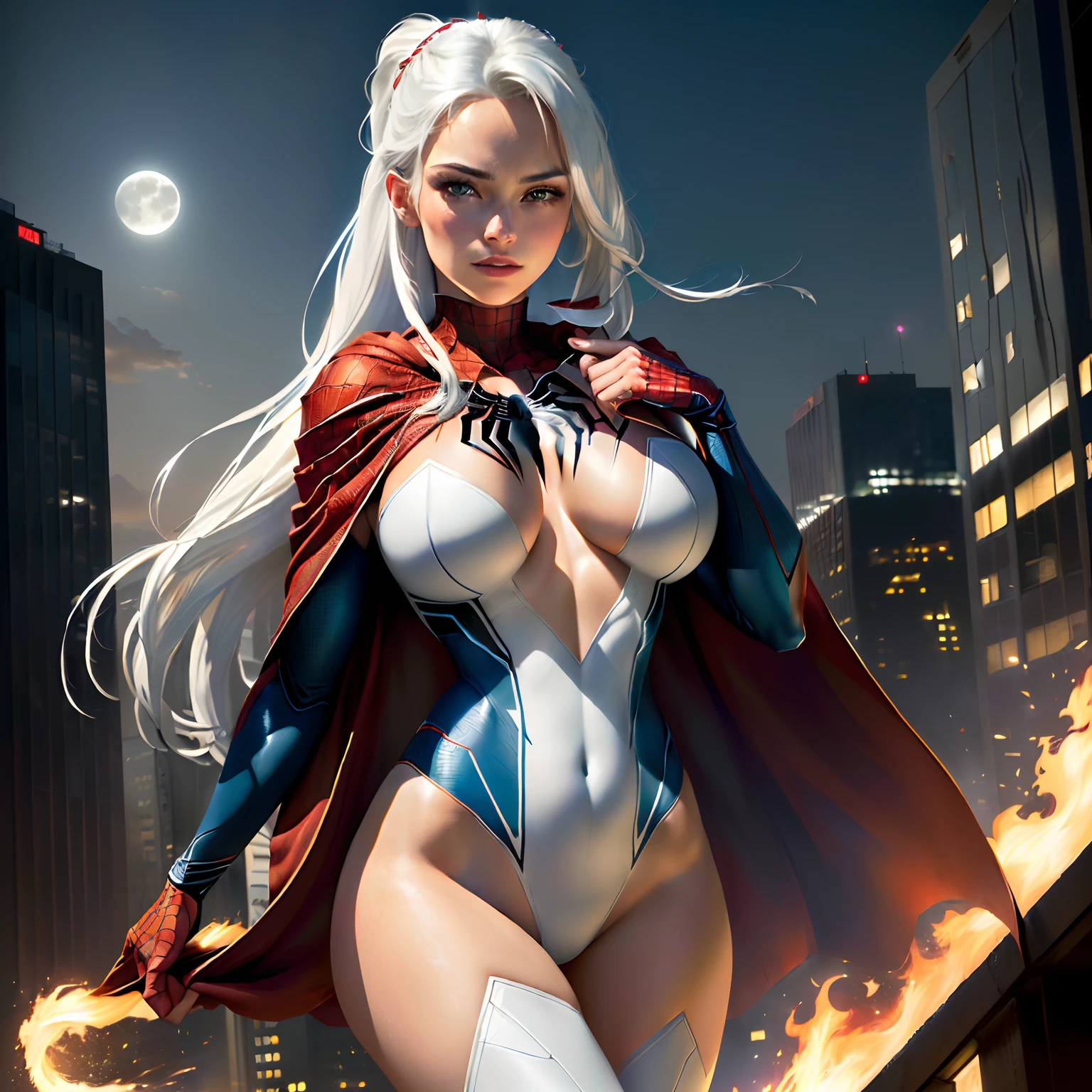 (masterpiece:1.4), (8k, photorealistic, RAW photo, best quality: 1.4), japanese, (1girl), beautiful face, (realistic face:1.4), (white hair, ponytailed long hair:1.3), beautiful hairstyle, beautiful detailed eyes, (best ratio eyes:1.5), attractive, ultra high res, ultra realistic, highly detailed, best ratio, (detailed face:1.4), looking at viewer, red lipsticks, (best ratio fingers:1.5), (White superhero theme, charismatic, there's a girl on top of town, wearing transparent lingerie Spider-Man costume, she's a superhero), [ ((25 years), full body, (realistic blue eyes:1.2), ((Spider-Man pose), show of strength, jumping from one building to another), ((sandy urban environment):0.8)| (cityscape, at night, dynamic lights), (full moon))] # Explanation: The Prompt mainly describes a 4K painting of ultra-high definition, very realistic, very detailed. It shows a superheroine at the top of the city, wearing a Spider-Man costume. The theme in the painting is a white superhero theme, the female protagonist has long white hair, is 25 years old and her entire body is shown in the painting. In terms of portraying the actions of superheroines, spiders are employed, (no bra:1.4), perky_nipples, ((exposed_nipples, exposed breasts, high proportional realistic breasts, realistic big breasts):1.4), (closed mouth:1.4), (camel_toe_pussy:1.4), innie_pussy, spider-man cloak,
