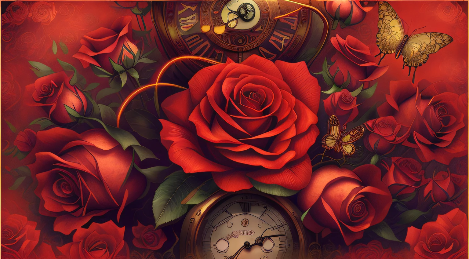 There is a painting of roses and clocks and butterflies, celestial red flowers vibe, digital steampunk art, steampunk digital art, highly detailed vector art, steampunk imagery themed, highly detailed digital artwork, red biomechanical details, Red roses, steampunk design, exploding roses, digital art highly detailed, Red rose, 4k highly detailed digital art, Beautiful digital artwork