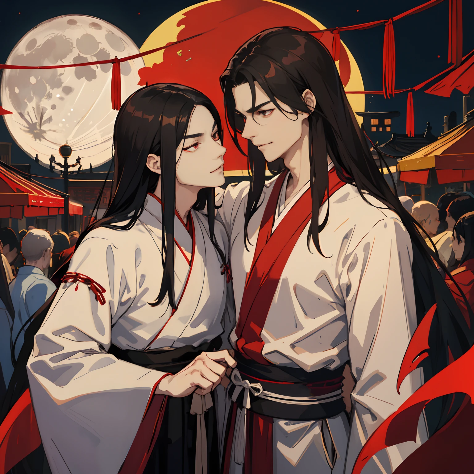 2 men, lover, carnival, Wear Hanfu, Long black hair, Crimson eyes, Demon Lord, Wear Hanfu, Very muscular., Wide shoulders, Tall, Long hair light brown., Black eyes, lamp, smirk, market, Bright light, moon, nighttime, people,
