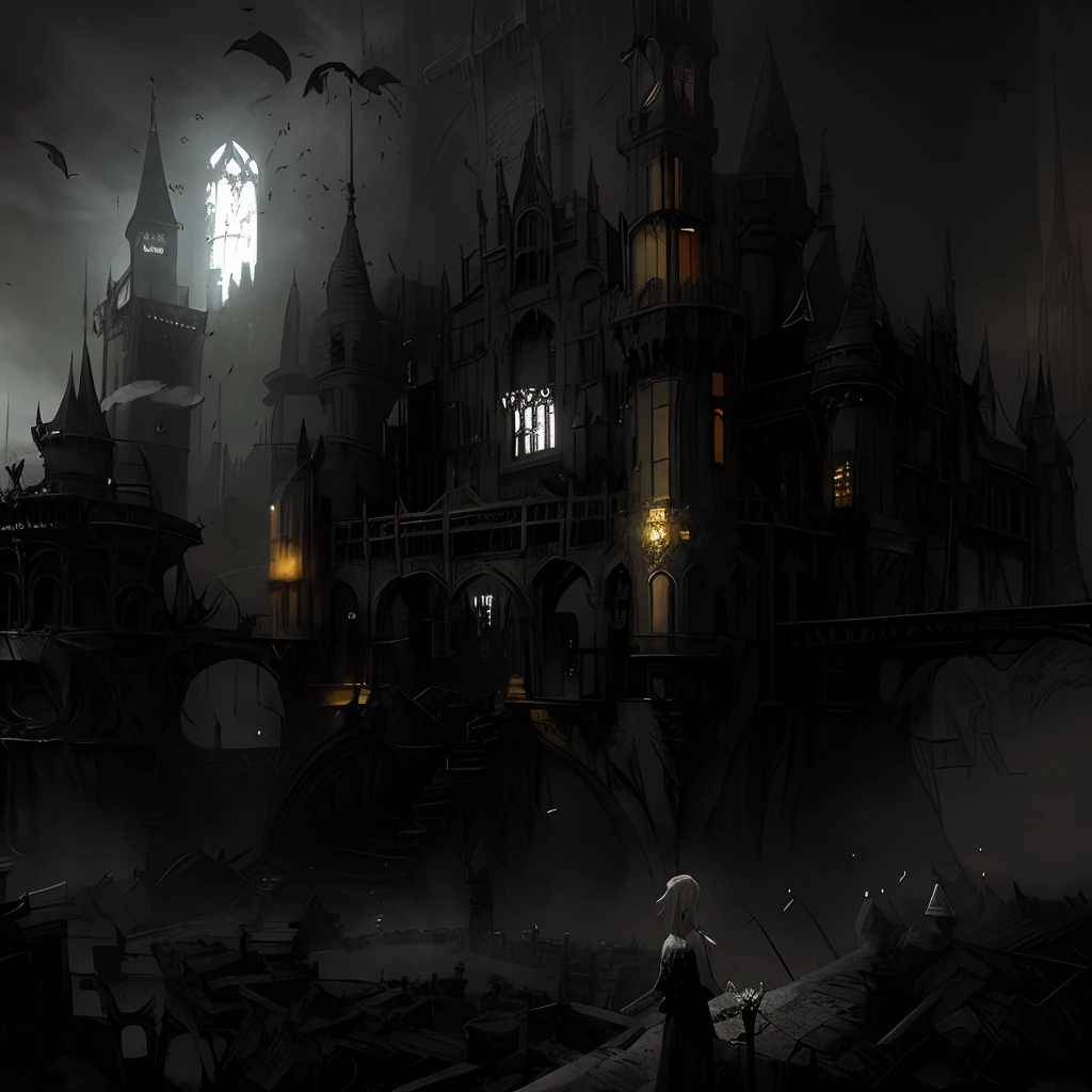 There is a drawing of the castle，A woman stood in front, dramatic concept art, post - apocalyptic magic kingdom, black and white matte painting, ornate city ruins, Gothic epic library concept, dark high-contrast concept art, Gothic dystopian interior, Ruined cityscape, concept art highly detailed, Dystopian digital concept art, bloodborne concept art