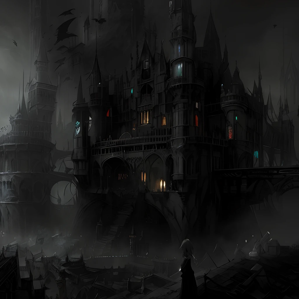 There is a drawing of the castle,A woman stood in front, dramatic concept art, post - apocalyptic magic kingdom, black and white matte painting, ornate city ruins, Gothic epic library concept, dark high-contrast concept art, Gothic dystopian interior, Ruined cityscape, concept art highly detailed, Dystopian digital concept art, bloodborne concept art