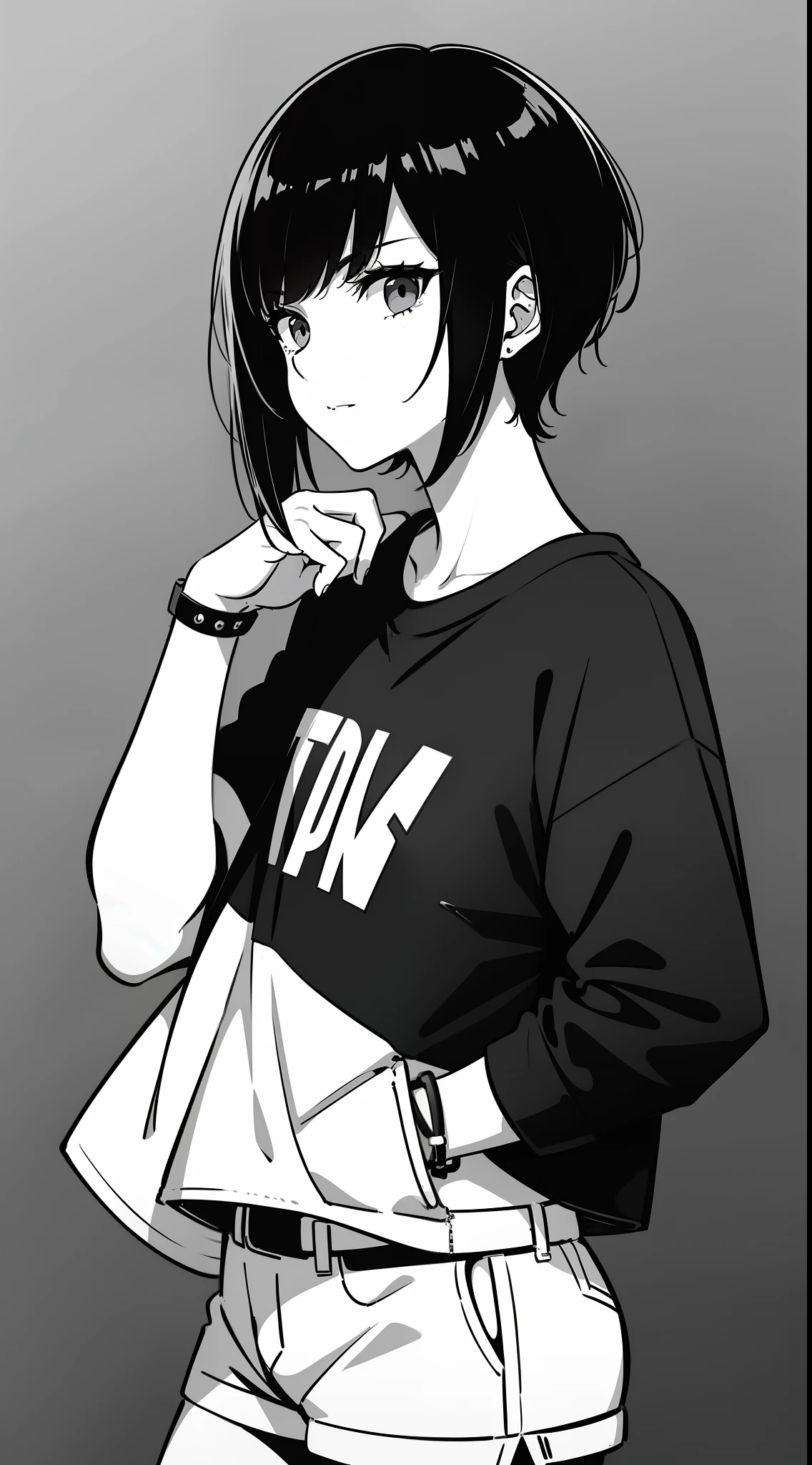 girl, side portrait, black and white, messy short hair, edgy accessories,sporty style, casual t-shirt, confident gaze, monochrome color scheme, looking to the side, chic street fashion, casual hands in pockets pose,head,((a person))