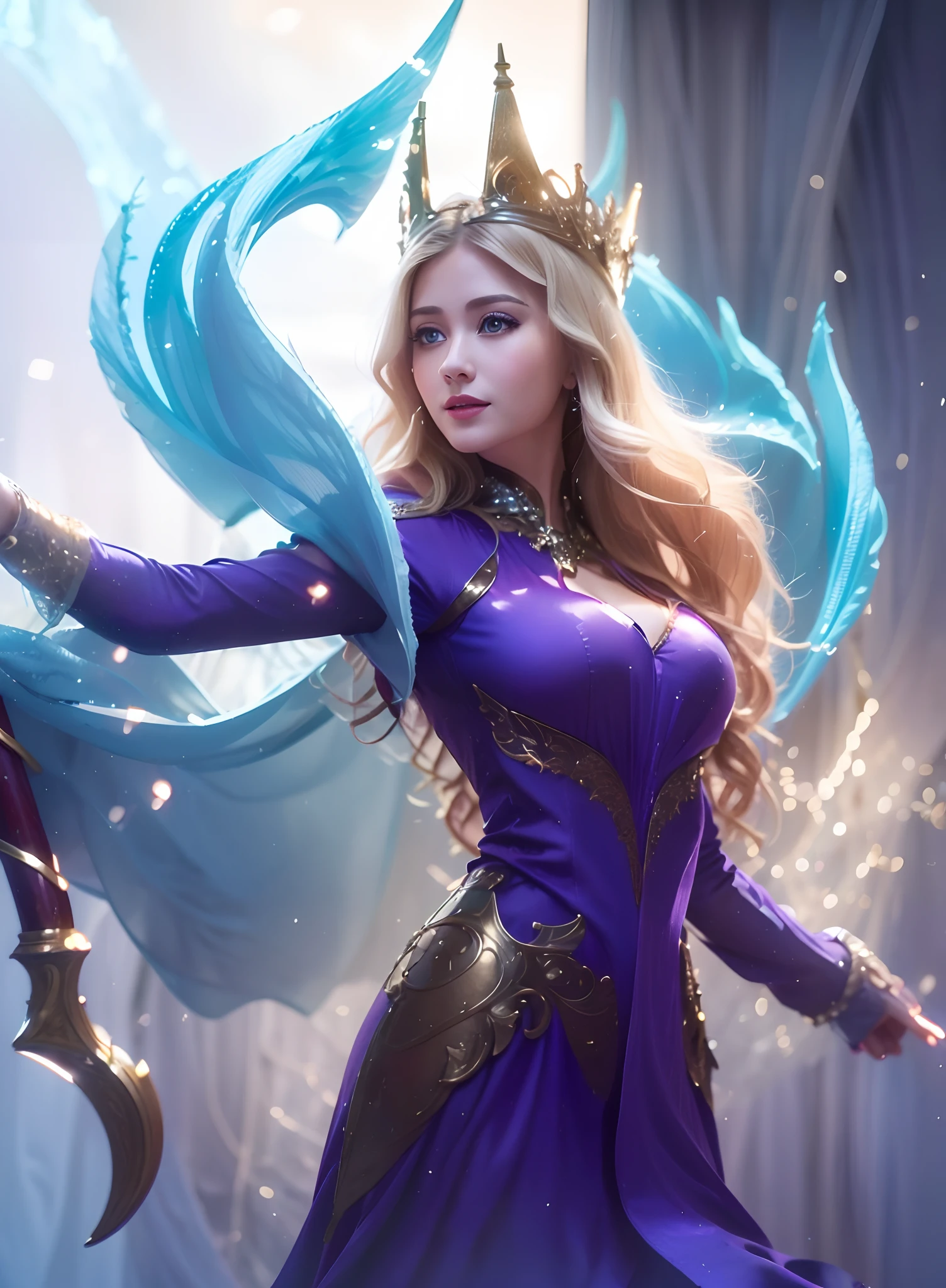 ((Best Quality, 4K, Masterpiece: 1.3)), (Detailed: 1.4), Reality, 1girl, a close up of a woman in a purple dress holding a sword, extremely detailed artgerm, irelia, style of artgerm, a woman with blonde hair and gold crown, Sapphire crystal, perfect eyes, beauty eyes, perfect smile, beauty smile, Big Breast, Huge Breast, sexy lips, 4K, HD, Ultra Realistic, extremely detailed, tfft