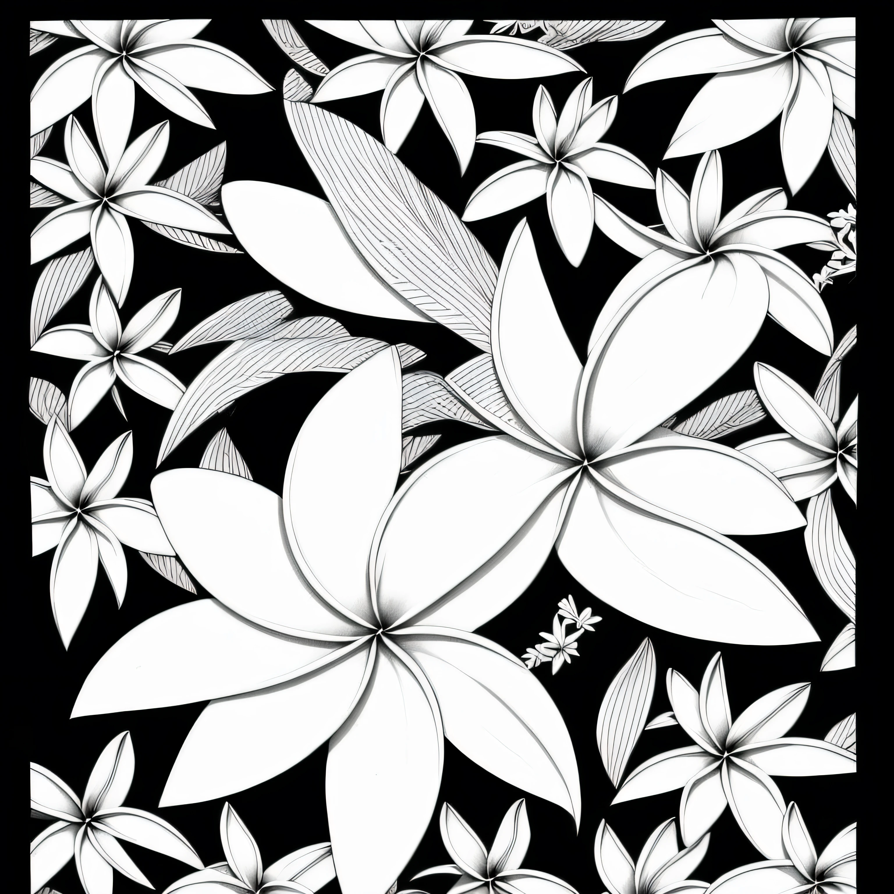 (Monochrome images：1.3)、(Plumeria coloring book:1.3)、It features a simple、Draw with outline