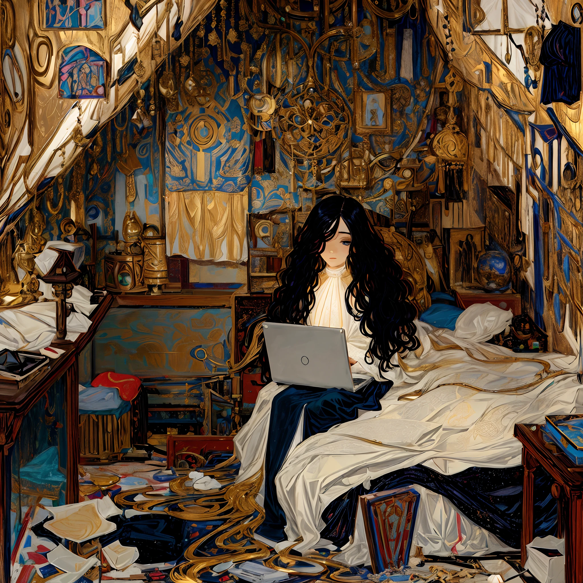 painting of a woman sitting on a bed with a laptop, in an attic, surrounded by glittering gold, ornamental sam guay, in her room, inspired by Mikhail Nesterov, ( asaf hanuka ), in small room, gustav klimt style, botticelli and victo ngai, inspired by Hovsep Pushman, denis sarazhin, in my bedroom