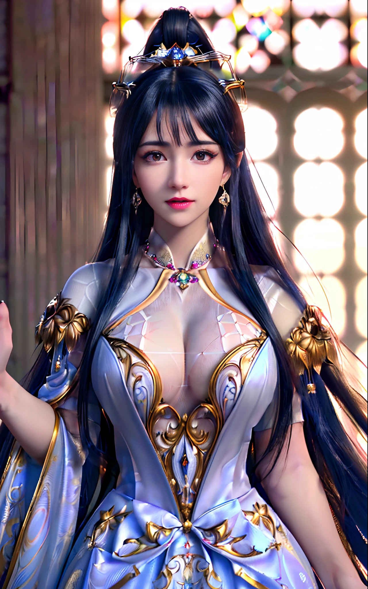 ((realisticity: 1.2)), ((realistic: 8K UHD)), ((best resolution: 8K UHD)), hyper detailed, best quality,masterpiece,highres,cg,
((1 hyper detailed and hyper realistic girl)), ((very beautiful queen dazzling, hyper realistic, and hyper detailed)),((white skin, beautiful, smooth, youthful, hyper realistic and hyper detailed
)), ((Hyper beautiful face, white, hyper realistic and hyper detailed)), long hair, ((hyper realistic and hyper detailed dress)), solo, ((hyper realistic, hyper beautiful, gorgeous and hyper detailed jewelry)), ((hyper beautiful, hyper realistic and hyper detailed dark red and golden yellow dress)),
((Hyper beautiful, hyper realistic, hyper detailed diamond filled earrings)),
((Hyper beautiful, hyper realistic and hyper detailed diamond filled hair ornament)), ((hyper beautiful upper body, hyper beautiful, hyper
realistic and hyper detailed)), ((big breasts: 2.5)),
((Hyper grand, hyper realistic and hyper detailed royal palace backgroun))
((Hyper beautiful, hyper beautiful, hyper realistic and hyper detailed hair bun)), ((hyper beautiful, hyper realistic and hyper detailed blue hair)),
candid, Photograph, high resolution, 8k,Bokeh,