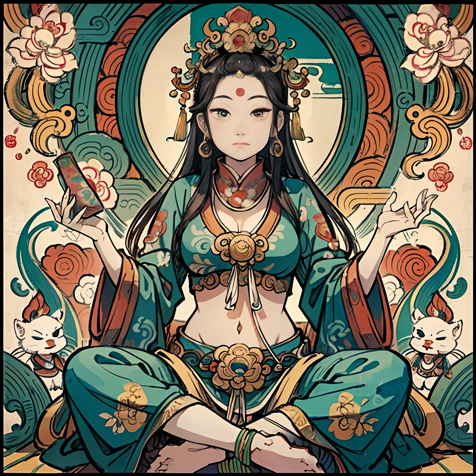 an ancient Chinese goddess, guanyin of the southern seas, Guanyin, Inspired by India, Avalokiteshvara，,Serene expression,shui mo hua,Buddha,Buddhist,Lotus,Chinese painting style,Thangka style