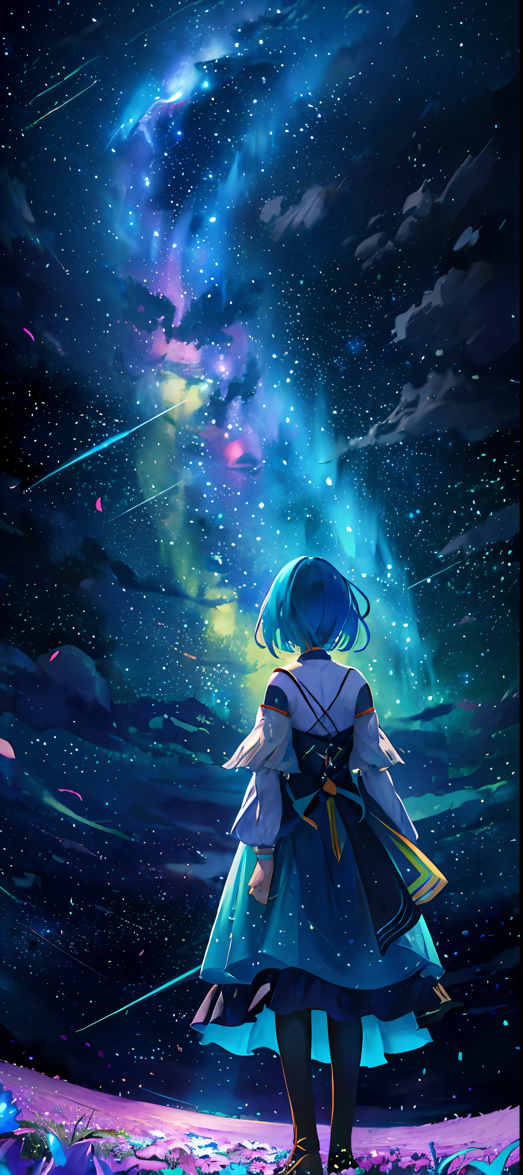 1girl, distant girl, rainbow colored hair, wearing a teal dress armor, staring at the stars, (zoomed out:1.1), (meteor shower:1.2), (comet:1.1), low angle, from behind, aurora borealis, shooting star, surrounded by flowers petals, standing in a field, best quality, masterpiece, cloud, colorful, starry, stars