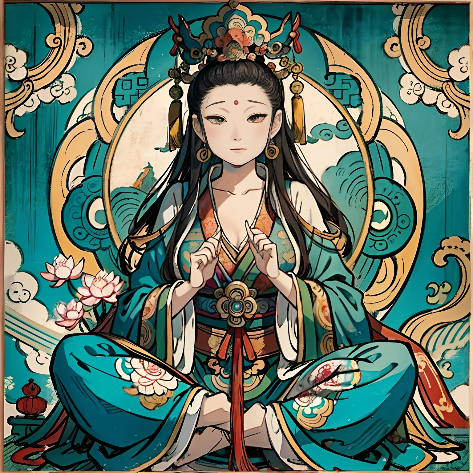 an ancient Chinese goddess, guanyin of the southern seas, Guanyin, Inspired by India, Avalokiteshvara，,Serene expression,shui mo hua,Buddha,Buddhist,Lotus,Chinese painting style,Thangka style