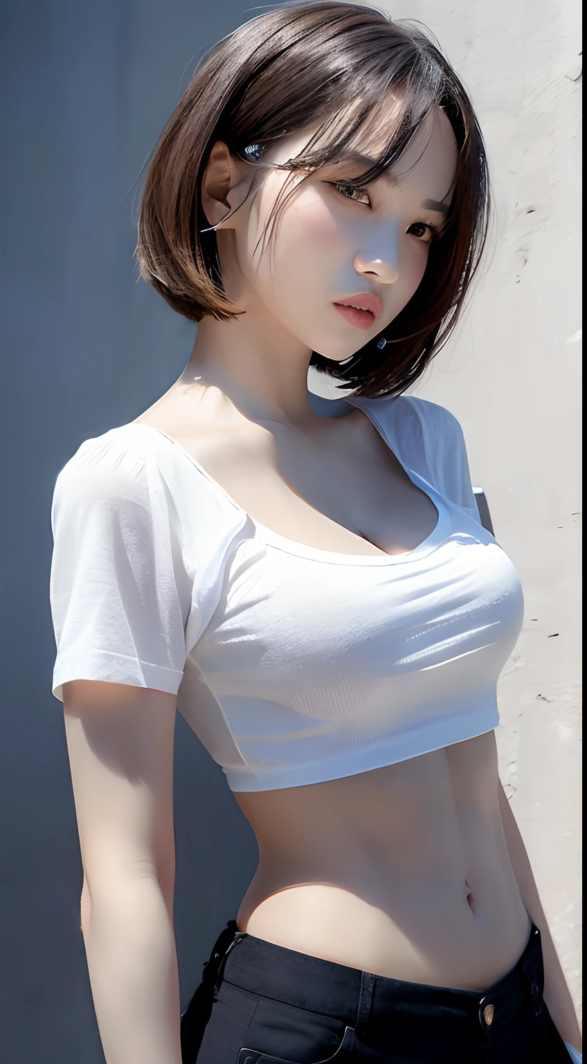 ((Boutique 8K Brilliant: 1.3)), Sharp Lens: 1.2, Perfect Body Beauty: 1.4, Slim Abs: 1.2, ((Layered Hairstyle: 1.2)), (White Short Sleeve Shirt), (medium Breasts, Street: 1.2), Detailed Face and Skin Texture, Delicate Double Eyelids, Carefully Made Eyes. Cleavage