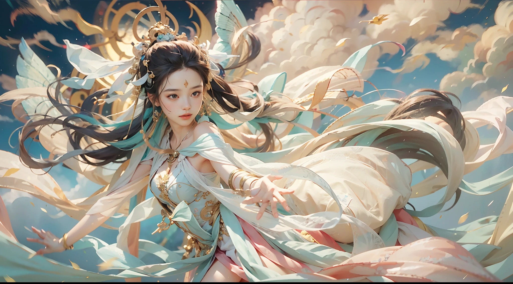 （Beauty fairy）, （Buddhism），（dunhuang）, （bodhisattva）, She flew in the air, Colorful silk cloth flutters，Clouds surround，（Delicate, Beautiful and beautiful facial features）, （White silk robe）, Foot on auspicious clouds，Frontal photo，Light smile, neo-classical, OP Art, Chiaroscuro, Cinematic lighting, god light, Ray tracing, character sheets, projected inset, first person perspective, hyper HD, Masterpiece, ccurate, Textured skin, Super detail, High details, High quality, Award-Awarded, Best quality, A high resolution, 8K，Ultra-high sharpness，Clear face