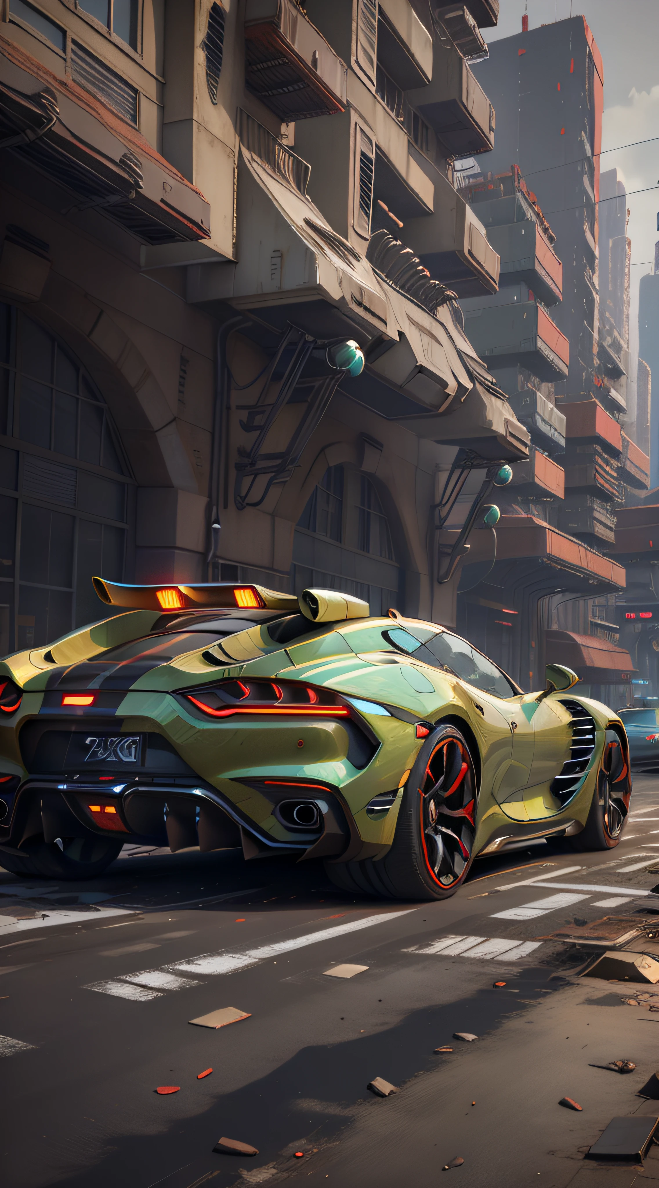 A futuristic sports car on the street of a futuristic city