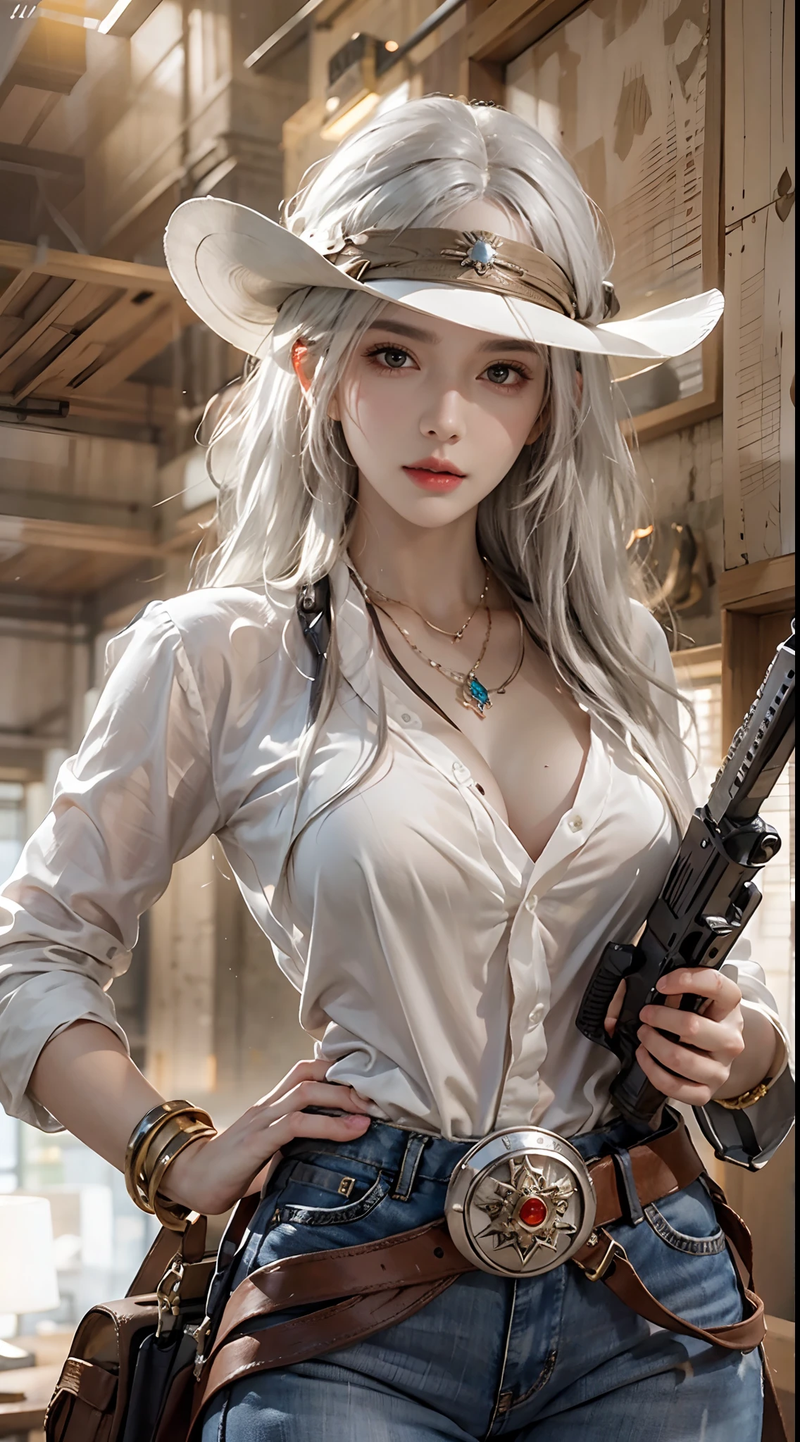 photorealistic, high resolution, 1women, solo, hips up, look at viewer, (detailed face), white hair, cowboy, gun, jewelry