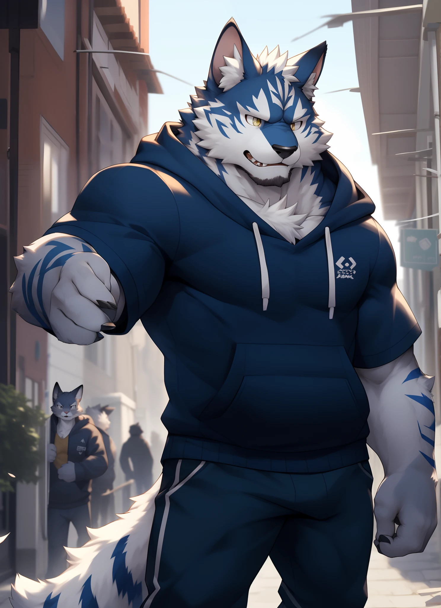 nj5furry，（（catss，hoody）），White fur，male people，komono，（（Extremely realistic shadows，tmasterpiece，extremely detaile，Photorealsitic）），
（（catss）），Strong，Mature male，dynamicposes