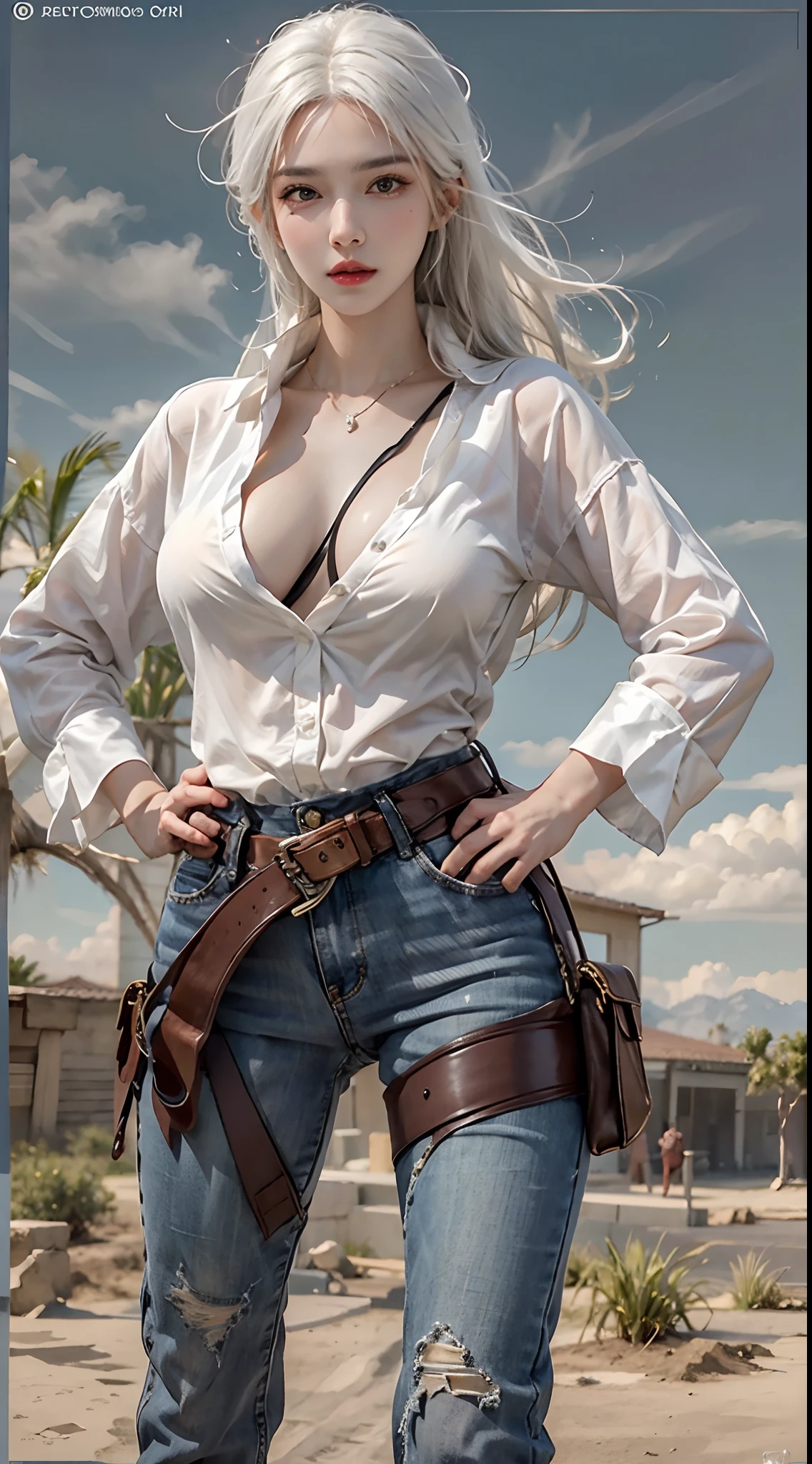 photorealistic, high resolution, 1women, solo, hips up, look at viewer, (detailed face), white hair, cowboy, gun, jewelry