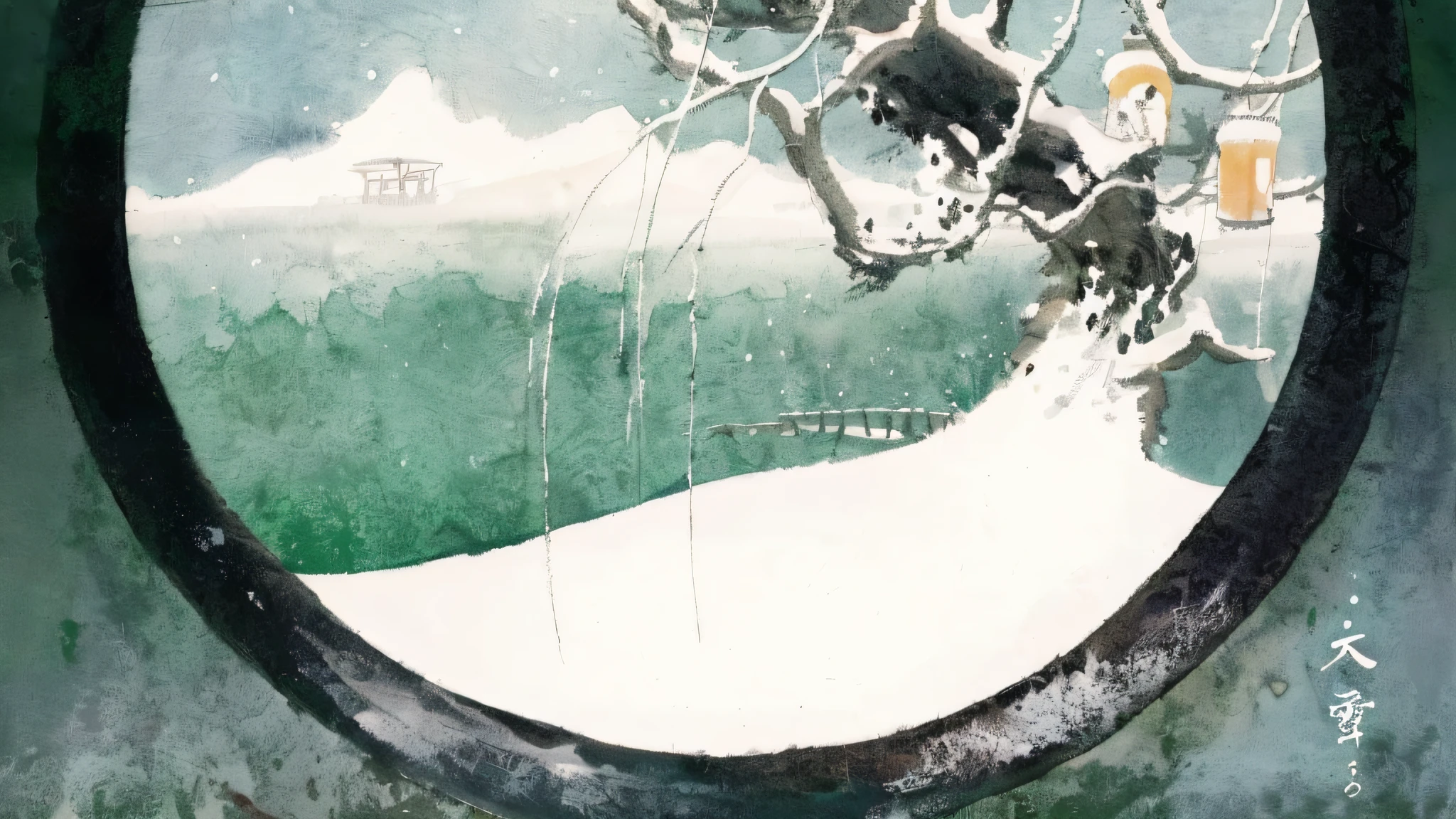 There is a picture of a snowy scene, Inspired by Ishikawa Mamoru, inspired by Sesshū Tōyō, inspired by Hasui Kawase, ukiuo-e and studio ghilbi style, Floating tail-E style, inspired by Itō Jakuchū,watercolor paiting,aquarelle