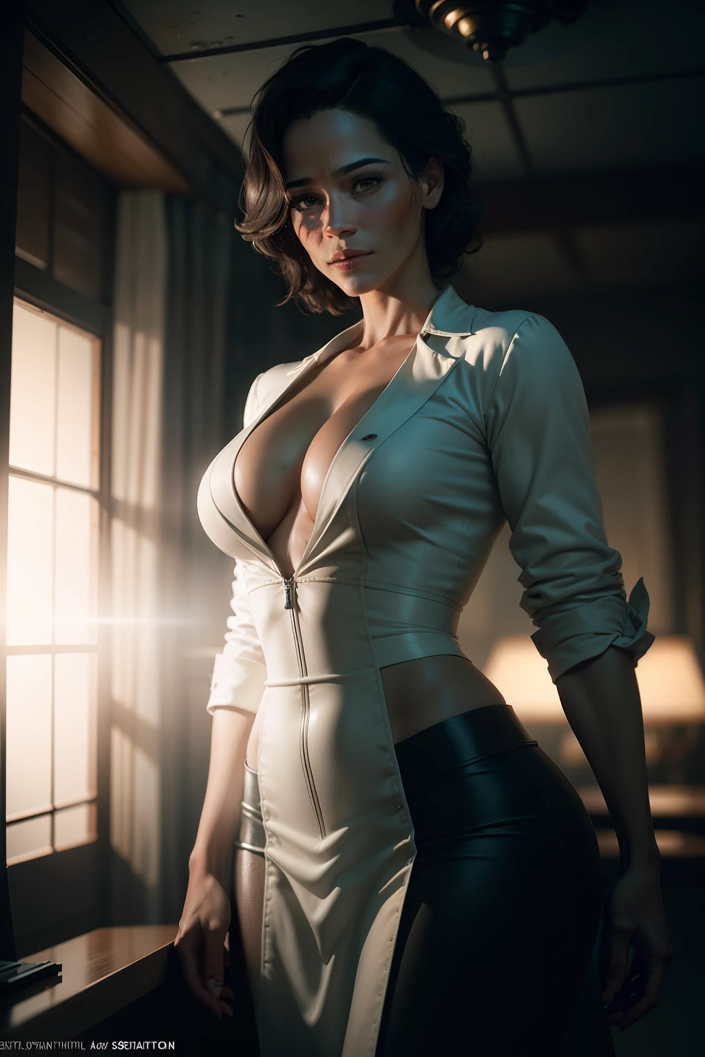 Paula patton as a Sci fi scientist working on a Ishimura Haunted Ship photography, natural light, photorealism, cinematic rendering, ray tracing, the highest quality, the highest detail, Cinematic, Third-Person View, Blur Effect, Long Exposure, 8K, Ultra-HD, Natural Lighting, Moody Lighting, Cinematic Lighting