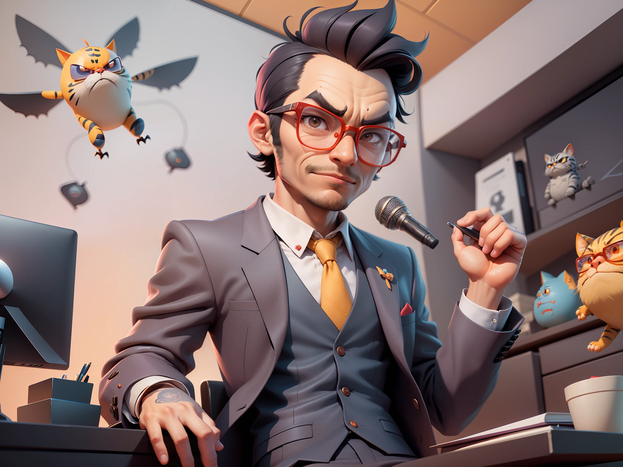 A young man in a suit, Short hair and glasses sat at his desk,holding laptop,digitial painting,tigre,3D character design by Mark Clairen and Pixar and Hayao Miyazaki and Akira Toriyama,4K HD illustration,Very detailed facial features and cartoon-style visuals。