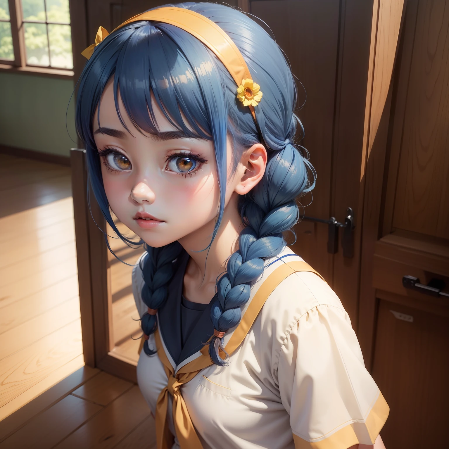 masterpiece, best quality, ultra-detailed, illustration, 1girl, solo, furutani_himawari, blue hair, brown eyes, hairband, medium hair, low twin braids, nanamori school uniform, anime screencap, upper body