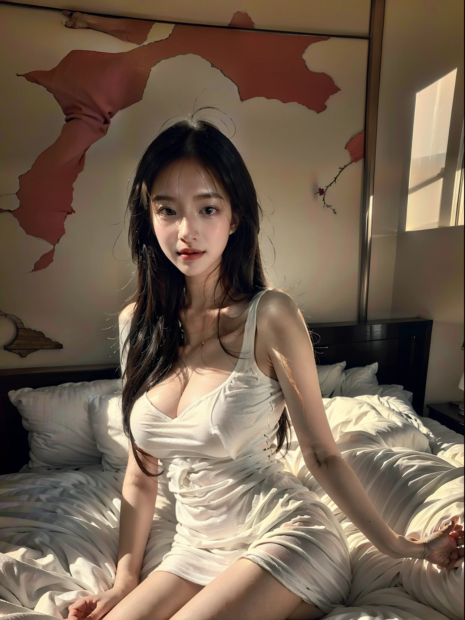 (photorealistic:1.4), (best quality:1.0), (ultra highres:1.0), 8k, RAW photo, (masterpiece:0.2), portrait, face, Beautiful and cute woman with white and smooth skin, red cheeks and adorable, graceful, Sleepwear, is in the room bedroom.