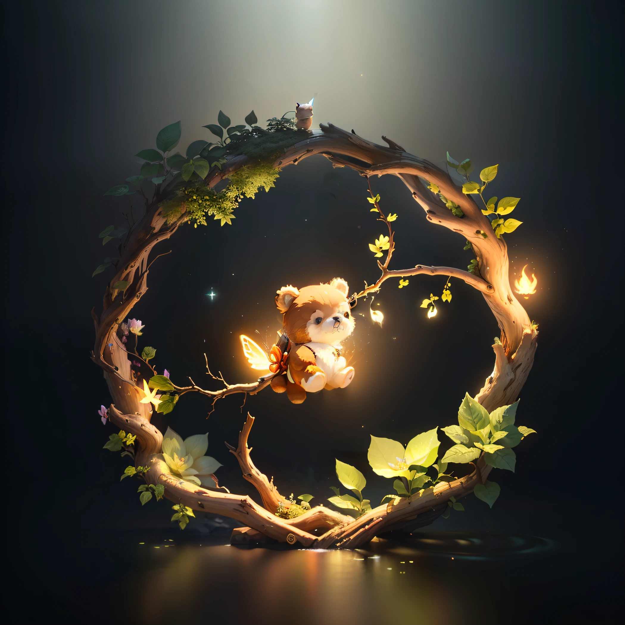 ​masterpiece、top-quality、(the Extremely Detailed CG Unity 8K Wallpapers)、(top-quality)、(The best illustrations)、(Best Shadows)、Glowing fluffy bear-shaped fairy、Chibi、Sprite drinking water glowing in the swimming pool、Natural elements with a forest theme。mystical forest、beautiful forest、naturey、Delicate leaves and branches surrounded by flowers(nature elements)、(Jungle theme)、(fronds)、(Twigs)、(fireflys)、(Particle effect)etc。3D、octan render、Ray traching、ultra-detailliert