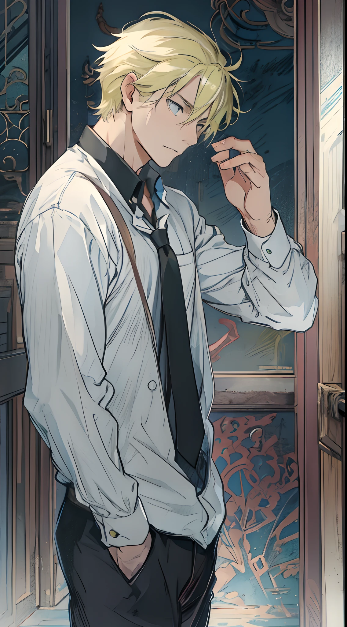 （1 Adult male），A high resolution， Sharp focus， Pixiv masterpiece， （（Complicated details））， highly  detailed， natsuki_subaru， 1 man，Defeat， crestfallen，full bodyesbian，kneels on the ground， （A gesture of pleading），blue color eyes（eyes glowing）， Short yellow hair，white  shirt，Wear a tie，Wear a belt，perspire，look from down