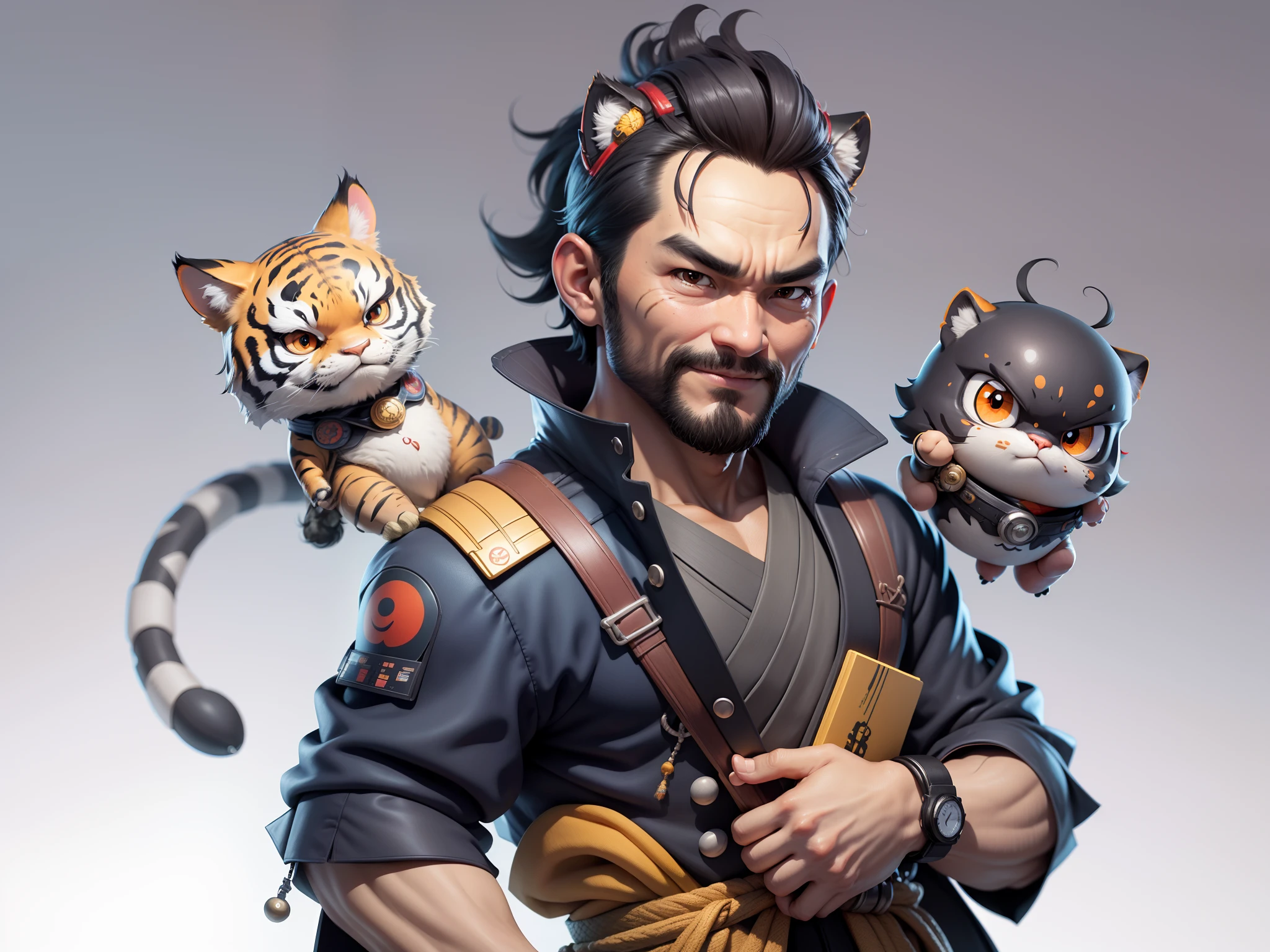 (Daisaku),(Need),(Super meticulous),(full bodyesbian:1.2),Super young man with Japanese geisha,Beautiful,orient,one tiger,Aeolian Thor,Raised sexy,爆乳,Oriental face,TV Anchor,Bust portrait illustration,In black suit,a blue tie,The face is slightly chubby,The face was clean,without a beard,Black super short hair,Black eyes,Smile confidently,3C computer sub-products,iPad, iphone,Digital painting,3D character design by Mark Clairen and Pixar and Hayao Miyazaki and Akira Toriyama,The illustration is a high-definition illustration in 4K resolution,With very detailed facial features and cartoon-style visuals。