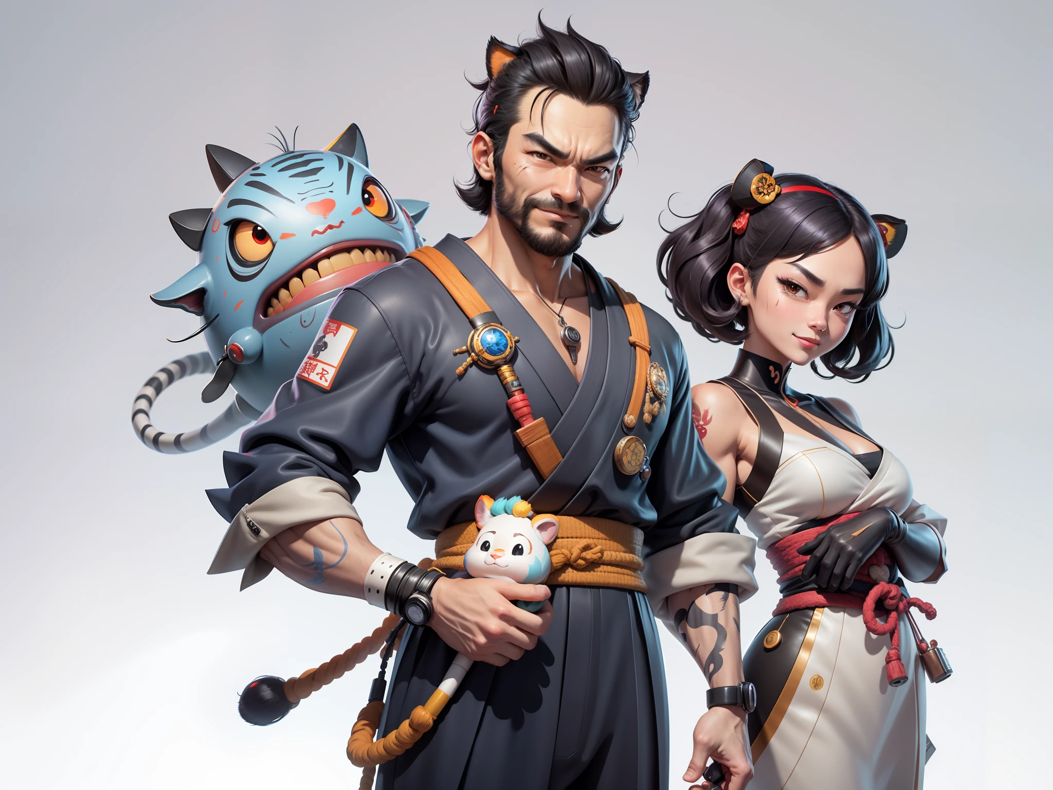 (Daisaku),(Need),(Super meticulous),(full bodyesbian:1.2),Super young man with Japanese geisha，Beautiful，orient，one tiger，Aeolian Thor，Raised sexy，爆乳，Oriental face，TV Anchor，Bust portrait illustration，In black suit，a blue tie，The face is slightly chubby，The face was clean，without a beard，Black super short hair，Black eyes，Smile confidently，3C computer sub-products，iPad， iphone，Digital painting，3D character design by Mark Clairen and Pixar and Hayao Miyazaki and Akira Toriyama，The illustration is a high-definition illustration in 4K resolution，With very detailed facial features and cartoon-style visuals。