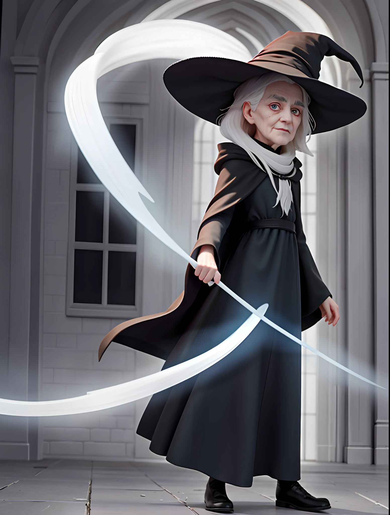 The 70-year-old white-haired witch wears a long black cloak,Long black dress,full bodyesbian,frontage,with wrinkles on his face