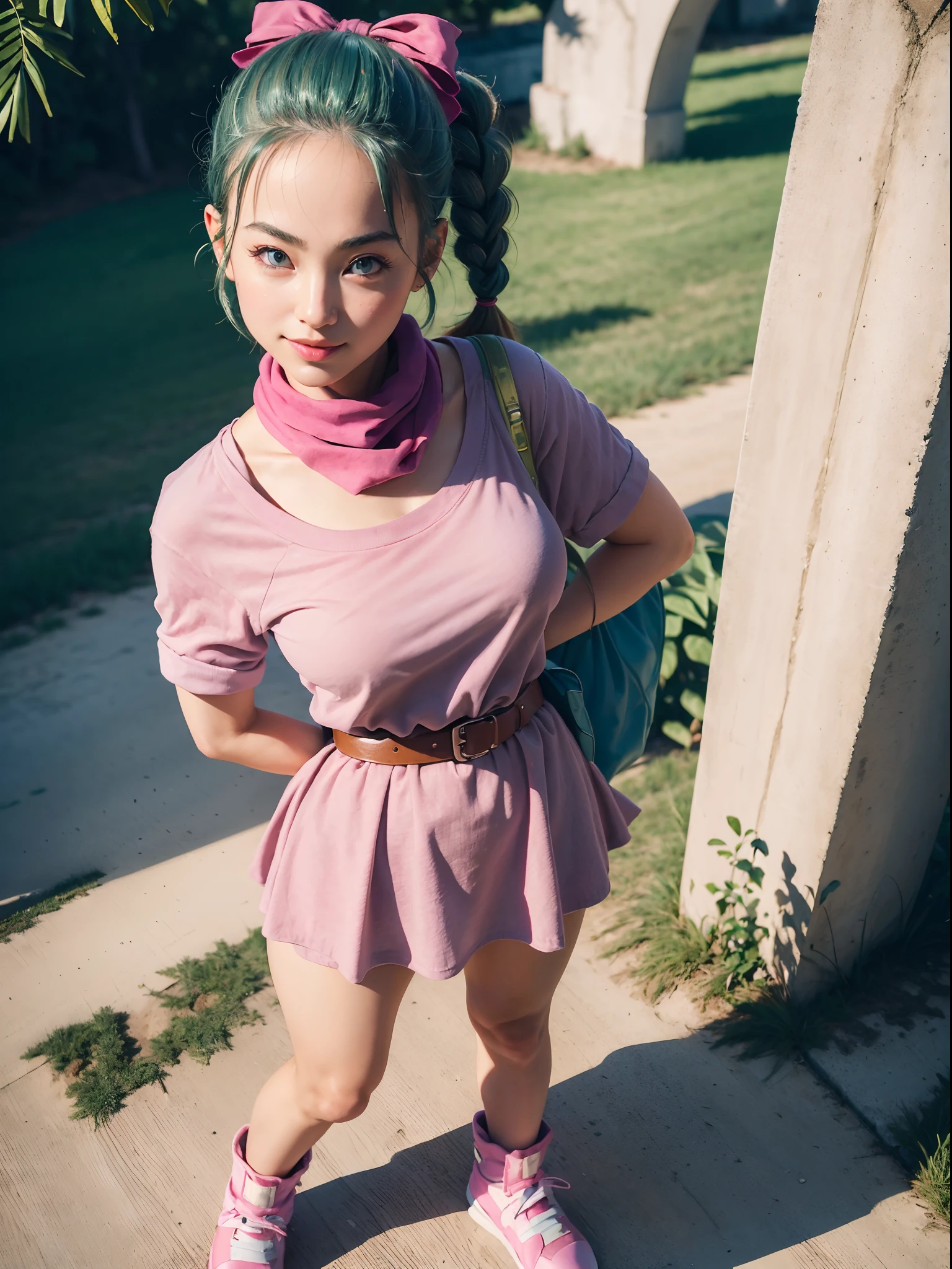 (masterpiece, best quality:1.4), (full body:1.5), (dynamic pose:1.2), (standing:1.5), (from front:1.5), 1girl, solo, looking at viewer, beautifull smile, big smile, (european youth:1), dragon ball, blmpony, (aqua hair:1), hair ribbon, braided ponytail, pink shirt, belt, scarf, pink skirt, clothes writing, (brown gloves:1), medium breasts, solo, beautiful face, highly detailed face, highly detailed skin, highly detailed eyes, skin pores, subsurface scattering, realistic pupils, medium breast, full face blush, full lips, detailed background, depth of field, volumetric lighting, sharp focus, absurdres, realistic proportions, good anatomy, (realistic, hyperrealistic:1.4), 16k hdr,