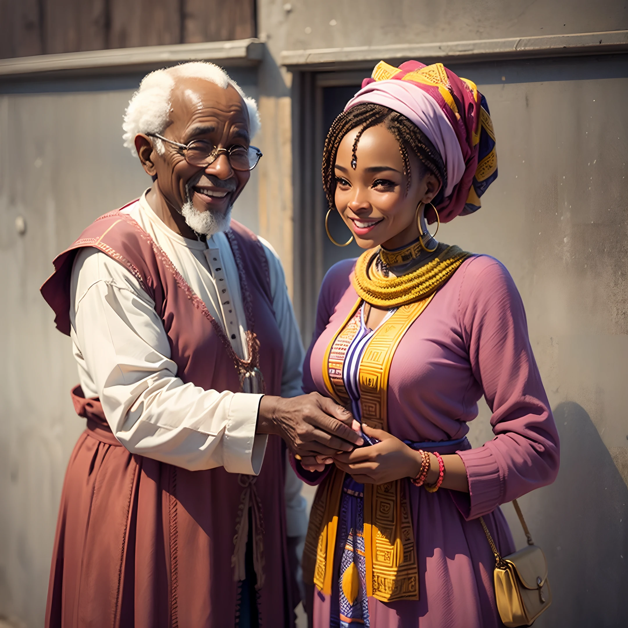 happy african young woman give a gift to a old african man smiling - --auto --s2