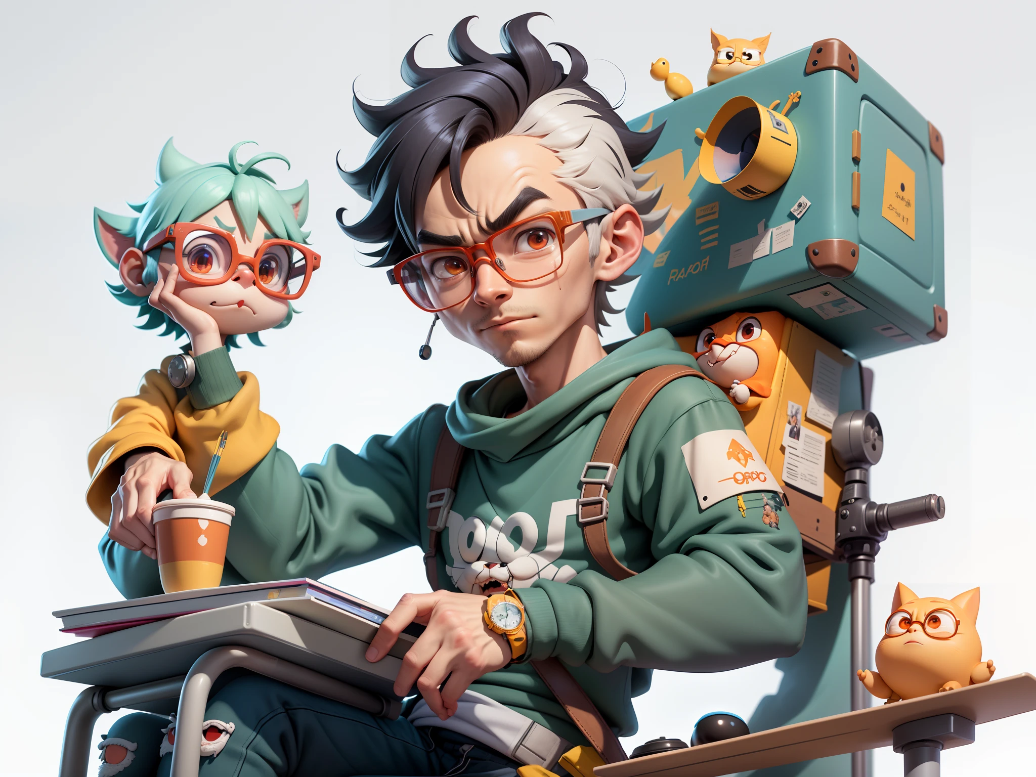 A young man with glasses sits at his desk，holding laptop，digitial painting，3D character design by Mark Clairen and Pixar and Hayao Miyazaki and Akira Toriyama，4K HD illustration，Very detailed facial features and cartoon-style visuals。