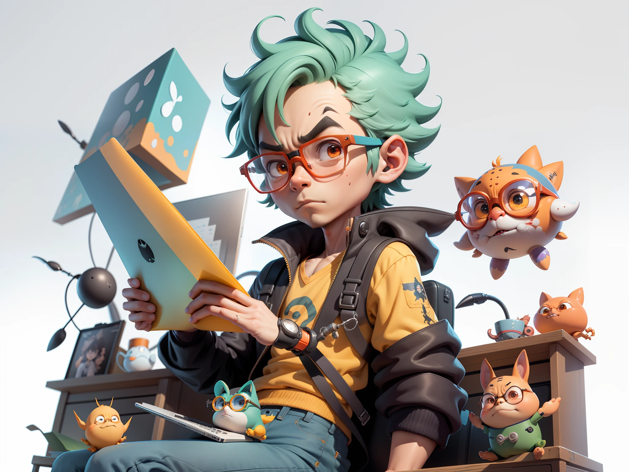 A young man with glasses sits at his desk,holding laptop,digitial painting,3D character design by Mark Clairen and Pixar and Hayao Miyazaki and Akira Toriyama,4K HD illustration,Very detailed facial features and cartoon-style visuals。