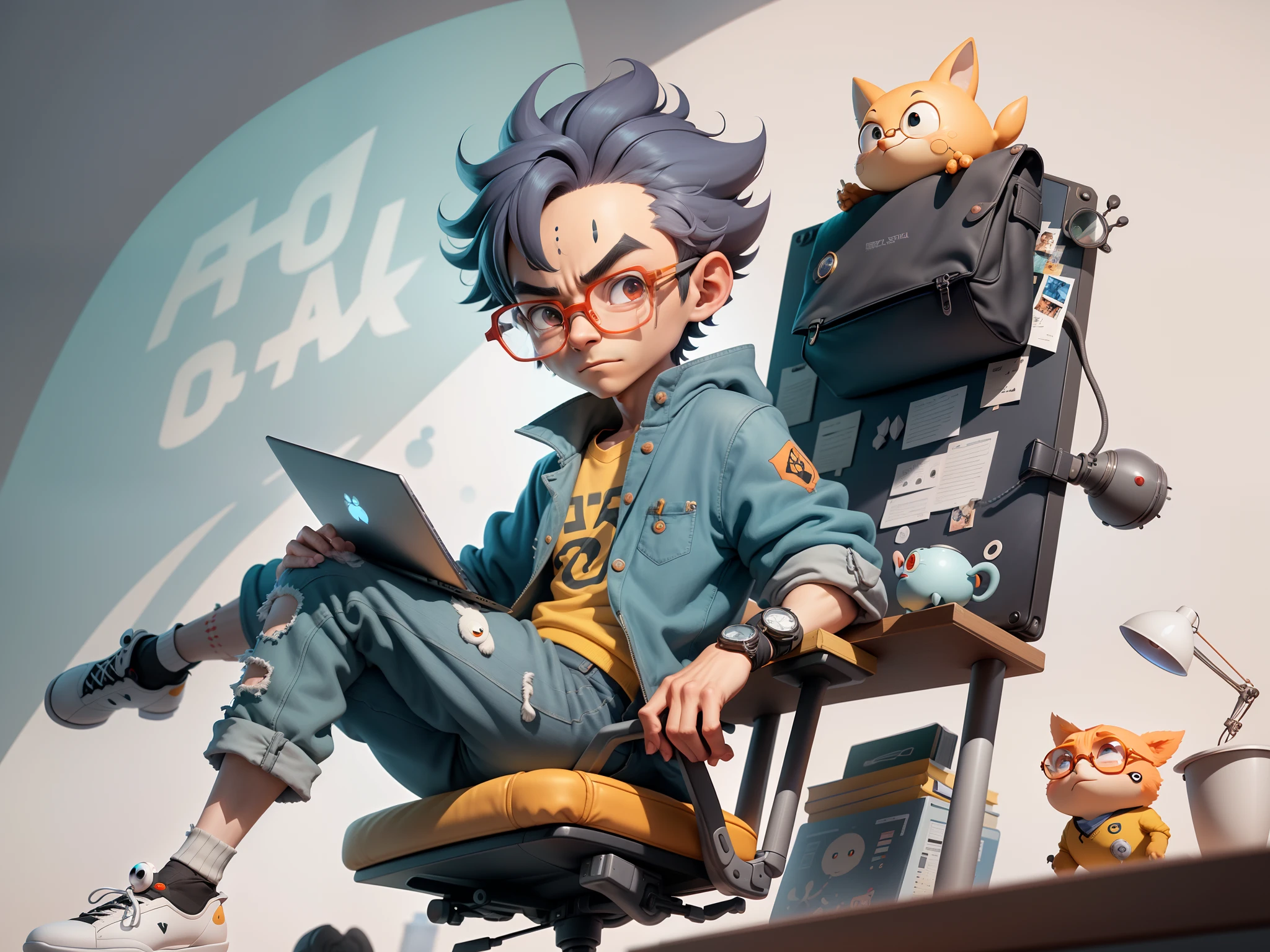 A young man with glasses sits at his desk，holding laptop，digitial painting，3D character design by Mark Clairen and Pixar and Hayao Miyazaki and Akira Toriyama，4K HD illustration，Very detailed facial features and cartoon-style visuals。
