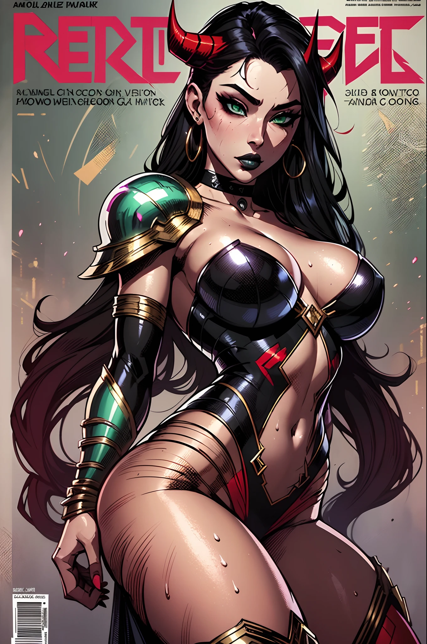 red skinned she devil, (red skin:1.4), long black hair with a fringe, green eyes, black lipstick, fully , sweaty, black choker, medium boobs, red horns, semi muscular arms, slim body, thick thighs (mature face:1.4), chengwei pan on artstation, by Yang J, detailed fantasy art, stunning character art, fanart best artstation, epic exquisite character art, beautiful armor, extremely detailed artgerm, detailed digital anime art, artgerm on artstation pixiv, armor woman, (magazine:1.3), (cover-style:1.3), fashionable, woman, vibrant, outfit, posing, front, colorful, dynamic, background, elements, confident, expression, holding, statement, accessory, majestic, coiled, around, touch, scene, text, cover, bold, attention-grabbing, title, stylish, font, catchy, headline, larger, striking, modern, trendy, focus, fashion