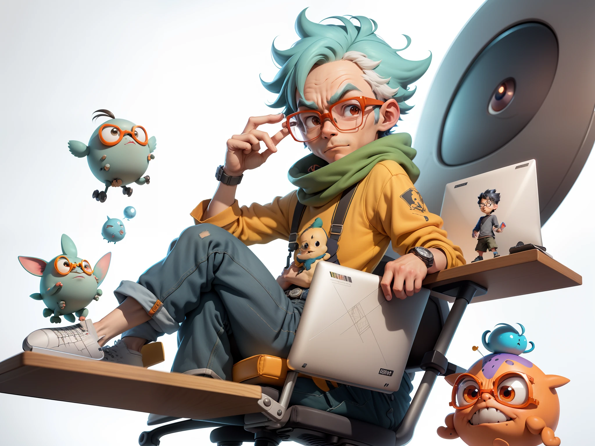 A young man with glasses sits at his desk,holding laptop,digitial painting,3D character design by Mark Clairen and Pixar and Hayao Miyazaki and Akira Toriyama,4K HD illustration,Very detailed facial features and cartoon-style visuals。