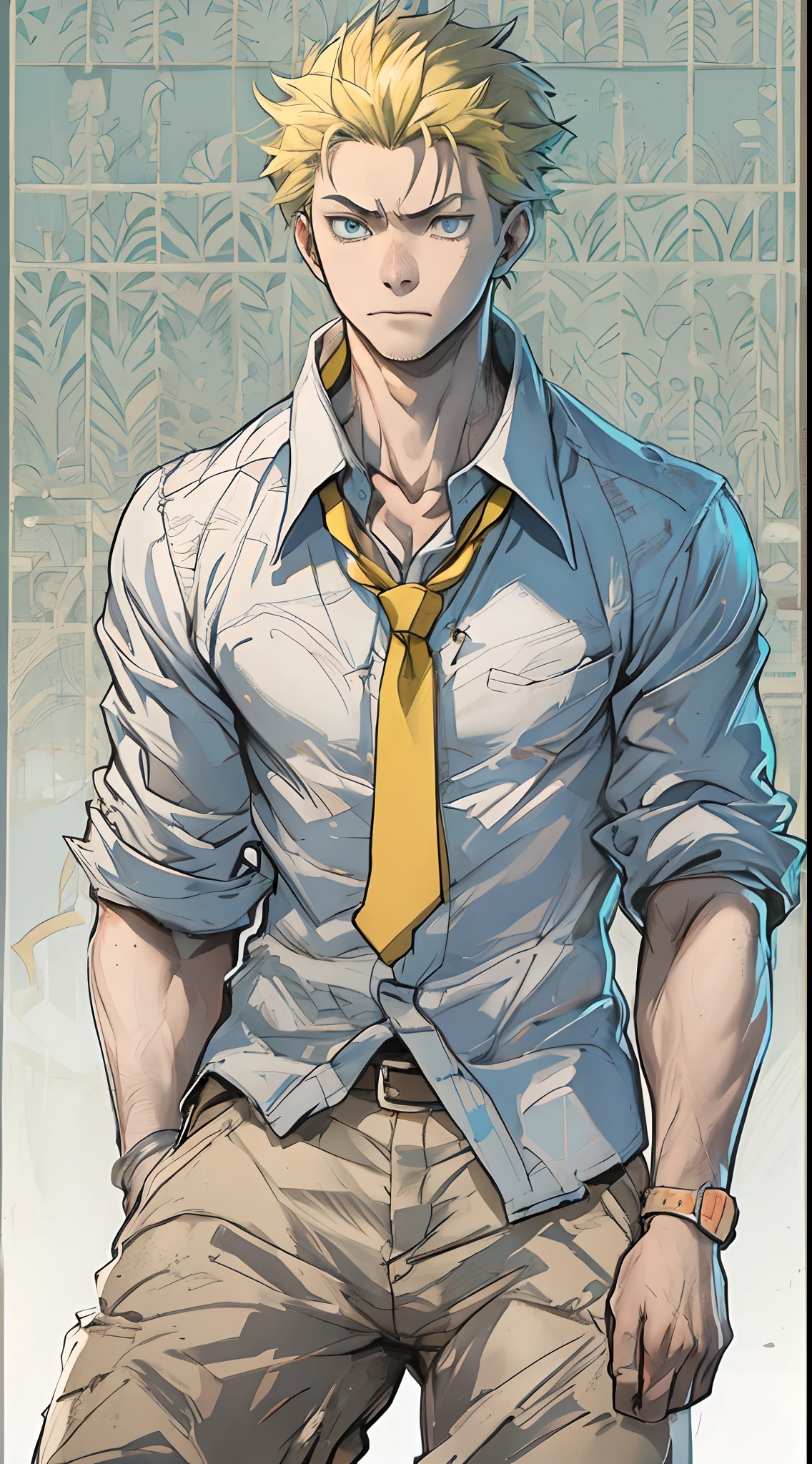 (1 Adult male),A high resolution, Sharp focus, Pixiv masterpiece, ((Complicated details)), highly detailed, natsuki_subaru, 1 man,Defeat, crestfallen,full bodyesbian,kneels on the ground, (A gesture of pleading),blue color eyes(eyes glowing), Short yellow hair,white shirt,Wear a tie,Wear a belt,perspire,look from down