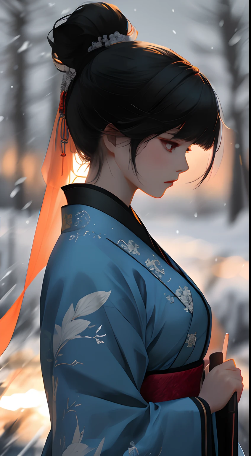 a beauti，Hold a knife in your hand，The knife is in front of you，Gorgeous light gauze Hanfu，Angry expressions，Separate bangs，Raise an eyebrow，Ponytail hairstyle，Heavy snow fell，fightingpose，dynamic blur，Detailed representation，8k