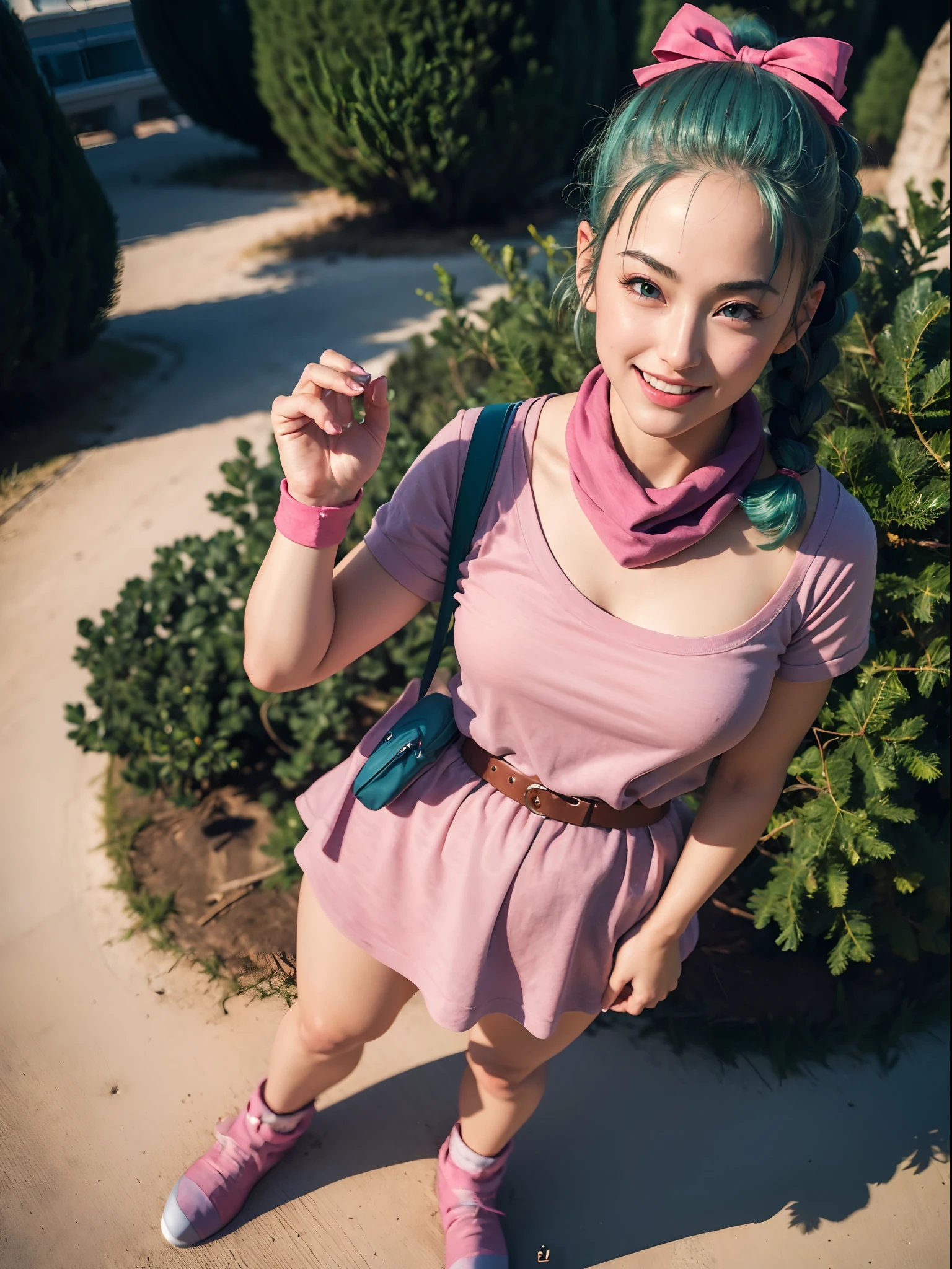 (masterpiece, best quality:1.4), (full body:1.5), (dynamic pose:1.2), (standing:1.5), 1girl, solo, looking at viewer, beautifull smile, big smile, (european youth:1), dragon ball, blmpony, (aqua hair:1), hair ribbon, braided ponytail, pink shirt, belt, scarf, pink skirt, clothes writing, brown gloves, medium breasts, solo, beautiful face, highly detailed face, highly detailed skin, highly detailed eyes, skin pores, subsurface scattering, realistic pupils, medium breast, full face blush, full lips, detailed background, depth of field, volumetric lighting, sharp focus, absurdres, realistic proportions, good anatomy, (realistic, hyperrealistic:1.4), 16k hdr,