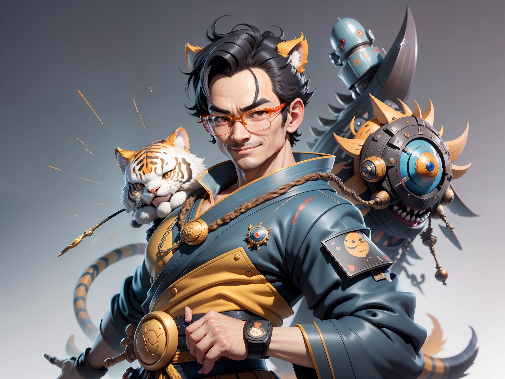 (Masterpiece), (Excellent), (Super Meticulous), (Full Body: 1.2), Super Young Man with Japanese Female Geisha, Pretty, Beautiful, Chinese Dragon, Tiger, Wind God Thor, Sexy, Bursting, Oriental Face, TV Anchor, Bust Portrait Illustration, Black Suit, Blue Tie, Slightly Chubby Face, Silver Glasses, Very Clean Face, No Beard on Chin, Black Super Short Hair, Black Eyes, Confident Smile, 3c Computer Sub-Products, iPad, iPhone, Digital Painting, 3D character design by Mark Clairedon and Pixar and Hayao Miyazaki and Akira Toriyama, the illustrations are HD illustrations in 4K resolution with highly detailed facial features and cartoon-style visuals.