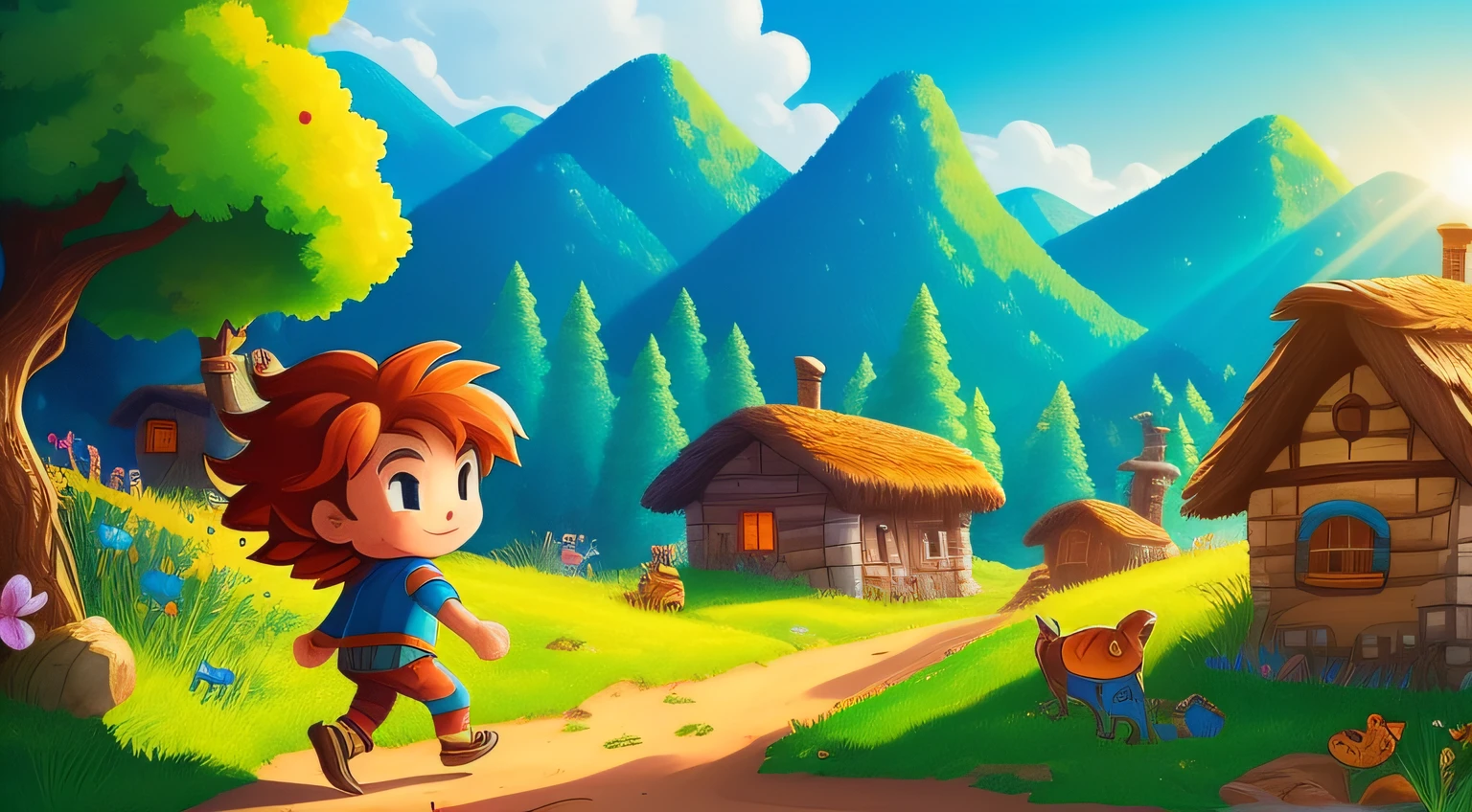 In a colorful village nestled between rolling hills, lived a curious young boy named Leo. Leo had wild, untamed hair that seemed to match his boundless curiosity. One sunny morning, Leo set off on an adventure to explore the mysterious forest that bordered his village.