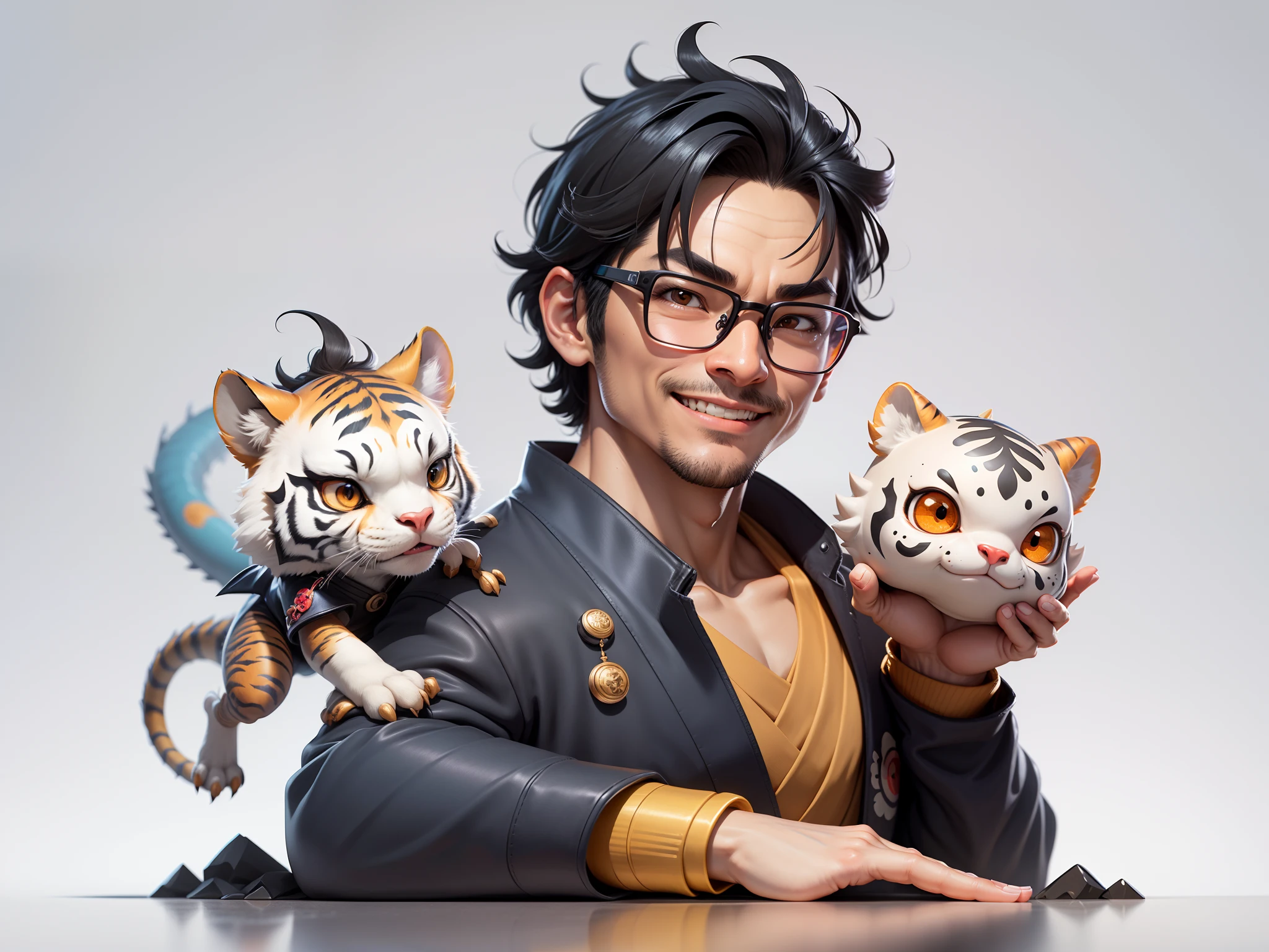 (Masterpiece), (Excellent), (Super Meticulous), (Full Body: 1.2), Super Young Man with Japanese Female Geisha, Pretty, Beautiful, Chinese Dragon, Tiger, Wind God Thor, Sexy, Bursting, Oriental Face, TV Anchor, Bust Portrait Illustration, Black Suit, Blue Tie, Slightly Chubby Face, Silver Glasses, Very Clean Face, No Beard on Chin, Black Super Short Hair, Black Eyes, Confident Smile, 3c Computer Sub-Products, iPad, iPhone, Digital Painting, 3D character design by Mark Clairedon and Pixar and Hayao Miyazaki and Akira Toriyama, the illustrations are HD illustrations in 4K resolution with highly detailed facial features and cartoon-style visuals.