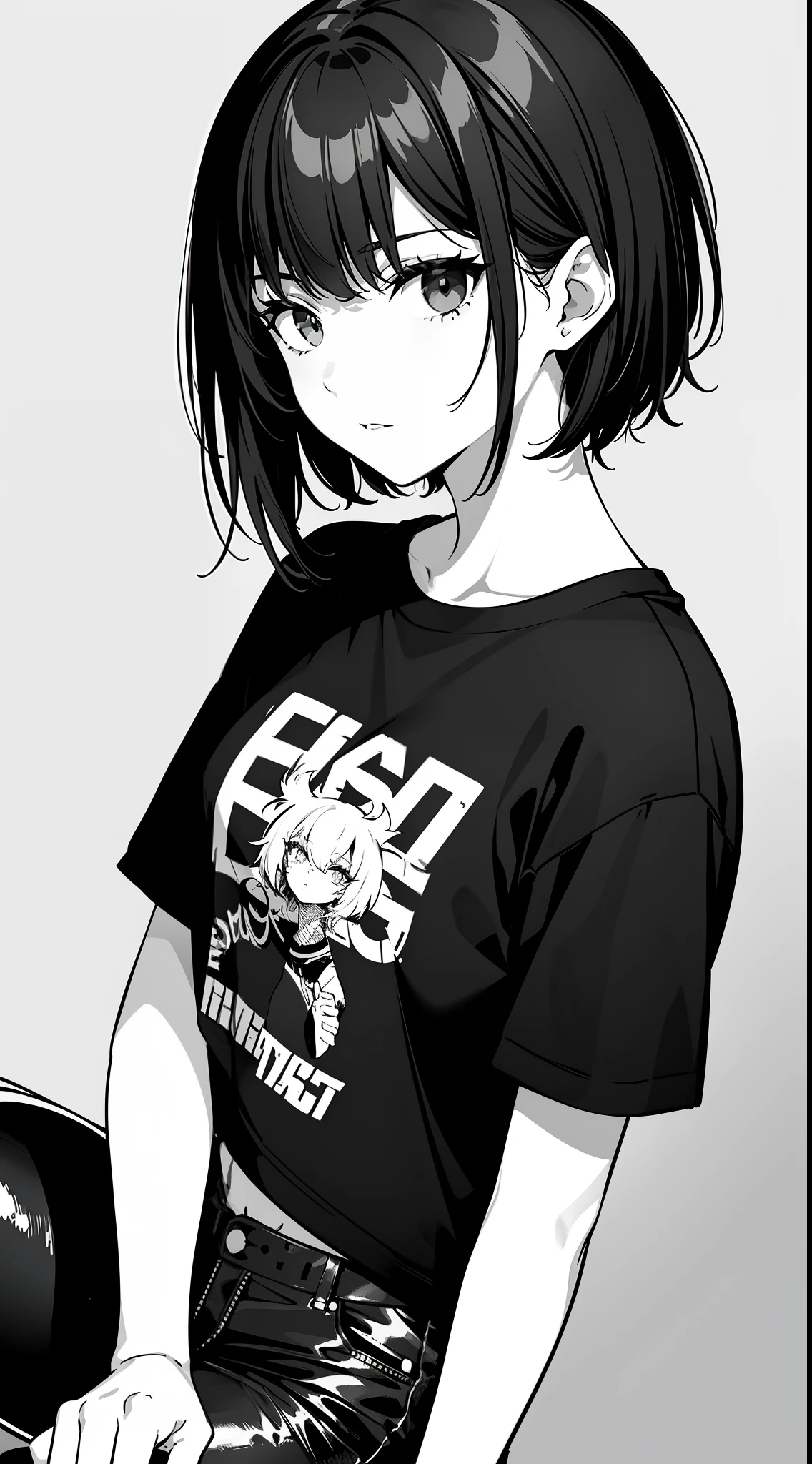 girl, side portrait, black and white, messy short hair, edgy accessories,sporty style, casual t-shirt, confident gaze, monochrome color scheme, looking to the side, chic street fashion, casual hands in pockets pose,head,((a person))