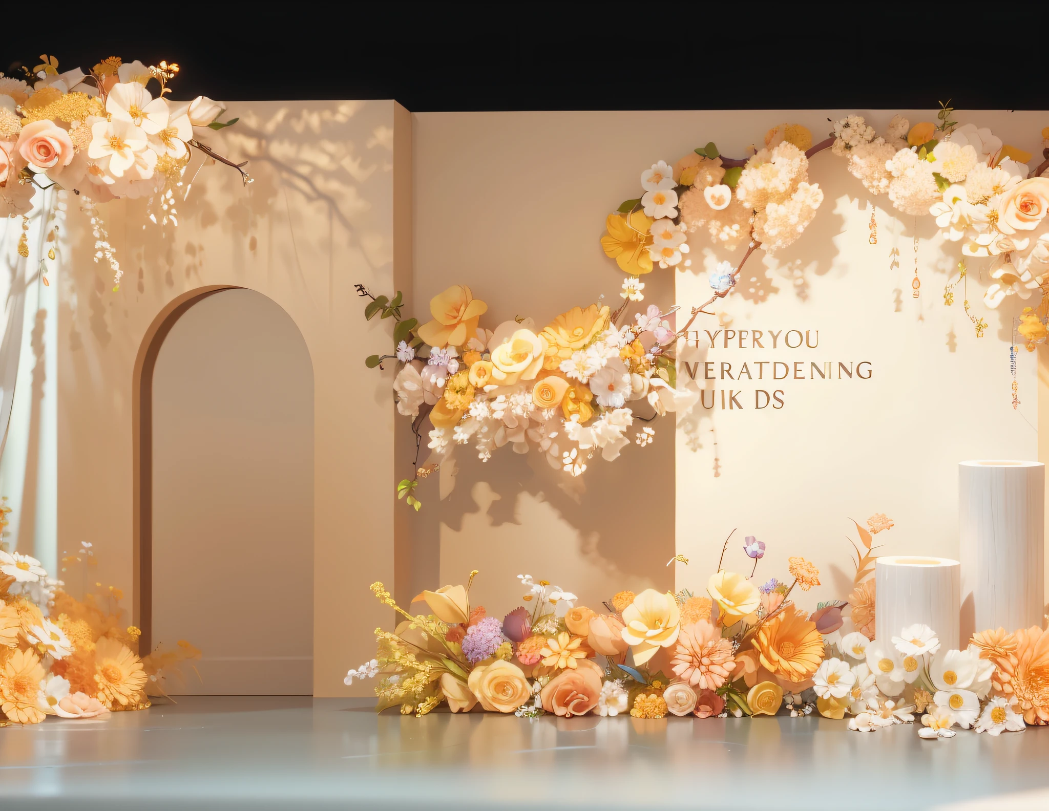 8K level quality，Ultra-clear，Golden，opulent，lamp lights，Wedding renderings，Interior design，3Drenderingof，hyper HD，Lots of small flowers，exquisite lighting and shadows，Detail portrayal，ultraclear，depth of fields， paying homage，Interior design， Ultra photo realsisim， RAW photogr， Sharp focus， Lots of colorful flowers，Wedding banquet hall，Wedding design，tmasterpiece， 8K， tmasterpiece，Ultra photo realsisim，32K，Very detailed CG unity 8K wallpaper，best qualtiy，exquisite lighting and shadows，Detail portrayal，Welcome area，