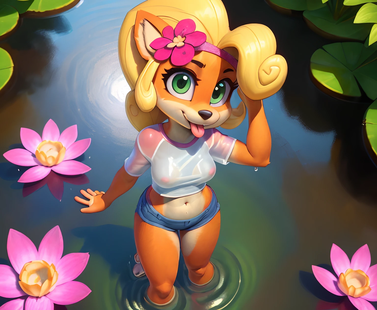 [Coco bandicoot], [Uploaded to e621.net; (Pixelsketcher), (wamudraws)], ((masterpiece)), ((solo portrait)), ((1girl)), ((furry; anthro)), ((detailed fur)), ((detailed shading)), ((beautiful 3D art)), ((bird's-eye view)), ((feet visible)), {anthro; (orange fur, black nose), cute green eyes, long curly blonde hair, curly bang, happy smile, (barefoot), (4 toes), (navel), (tongue out)}, {(wet see-through white shirt), (soaked), small boobs, (nipples), (blue denim shorts), (pink flower in hair)}, {(standing in water), (arms in the air)}, [background; (flower plains), (pond), (trees), (sun rays through trees)]