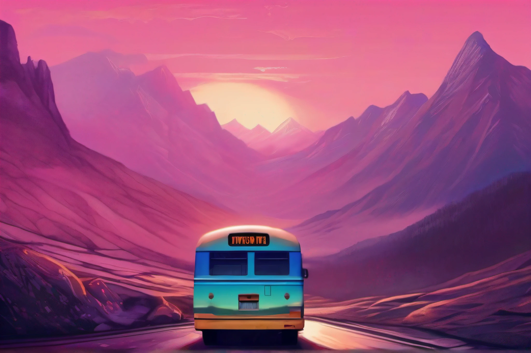 (Of blue enamel bus), beat-up, dented flank, pink reflection in the window, overlooking the horizon, mountains in the background, night,