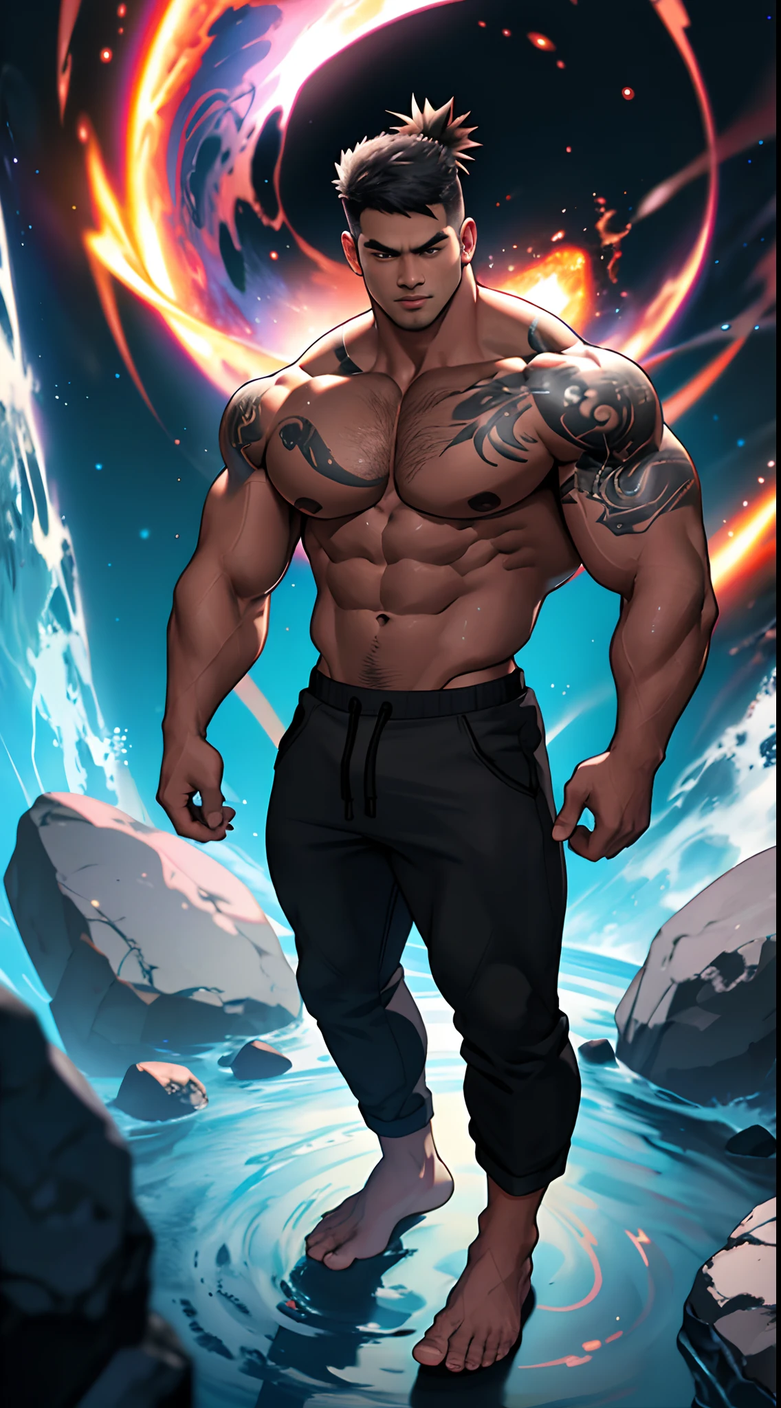 Muscle man in a black hole，Asian youth，Full body like，Strong muscles，of a shirtless，shorter pants，The barefoot，Tattooed with，Look up at the black hole，Black hole halo，sci-fy，shock，Light，hyper HD，plethora of colors，Rich background，detail-rich，The perfect human structure，8k，CG Cartoon，Pop style，Virtual Engine